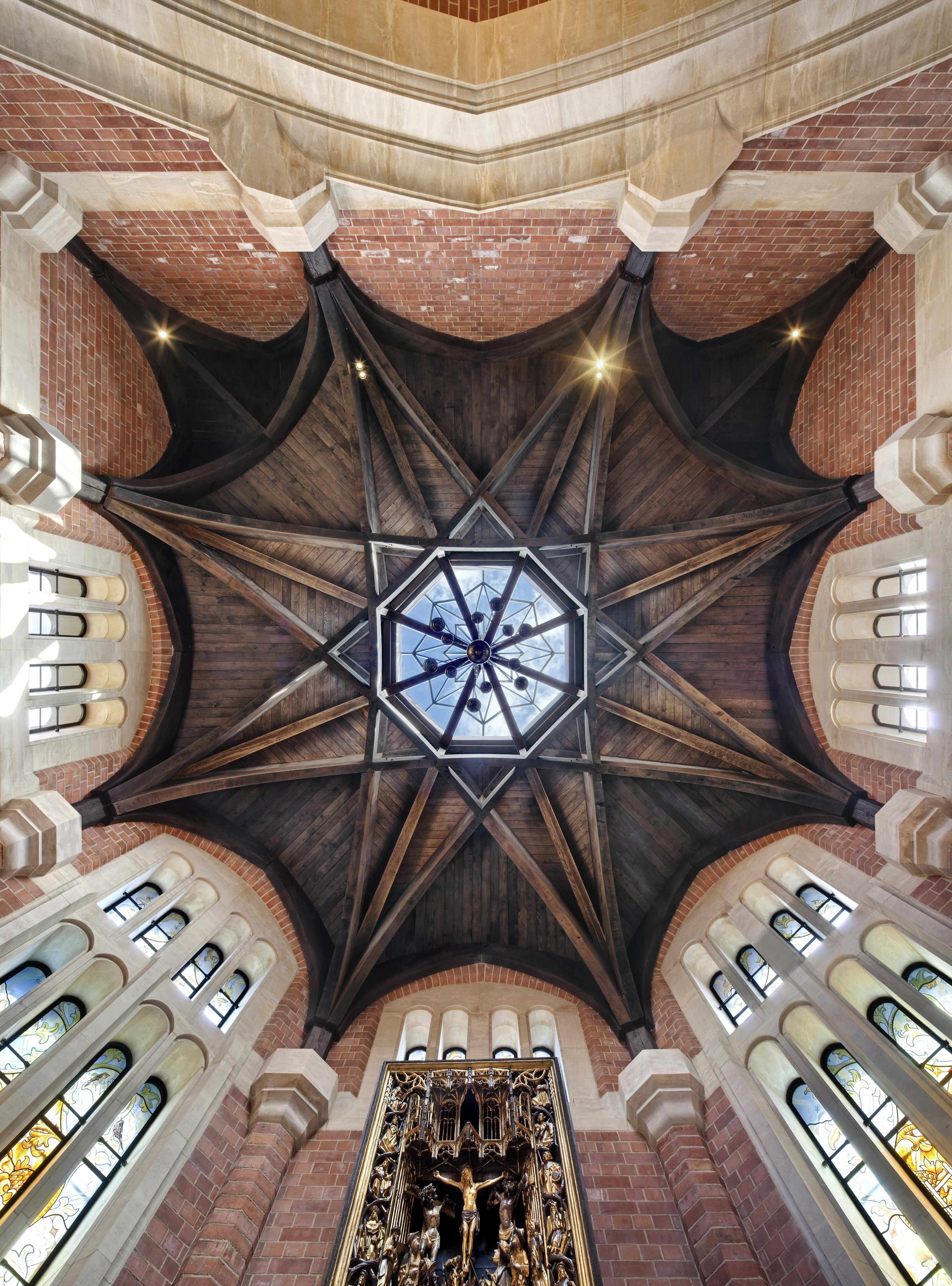 An octagonal oak roof structure in an extension on a chapel