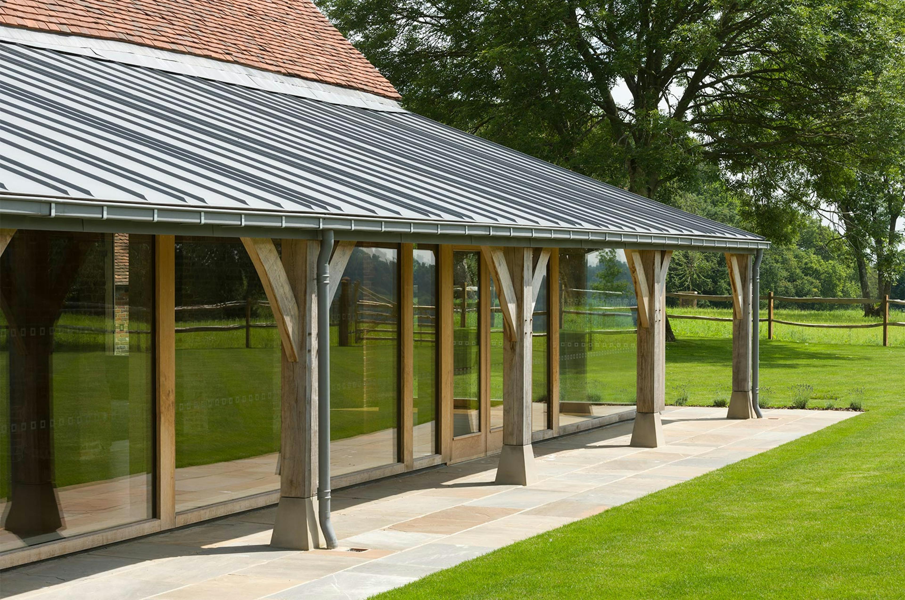An oak frame veranda on an oak framed wedding barn