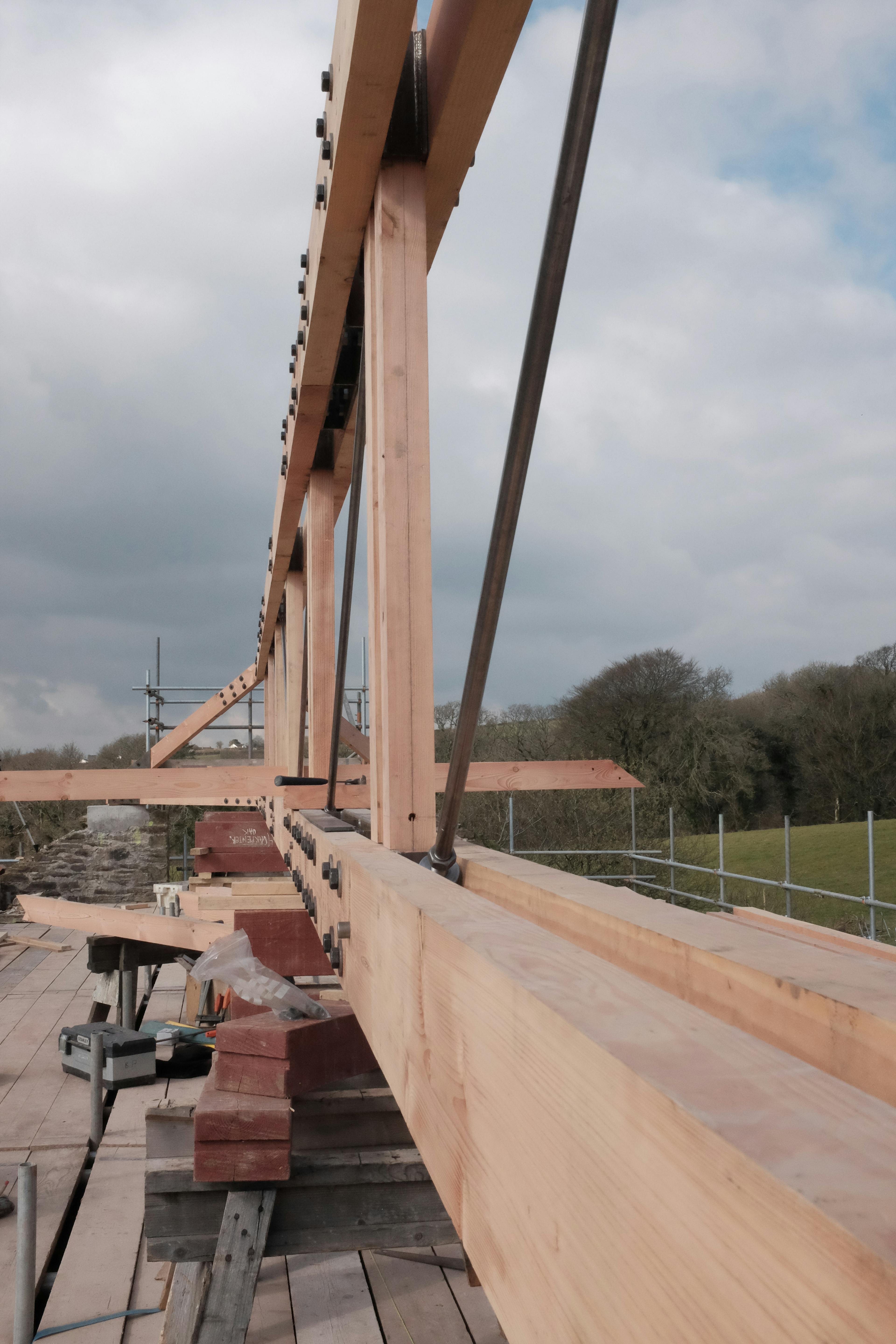 A Douglas fir frame with steel connections during renovation of a barn