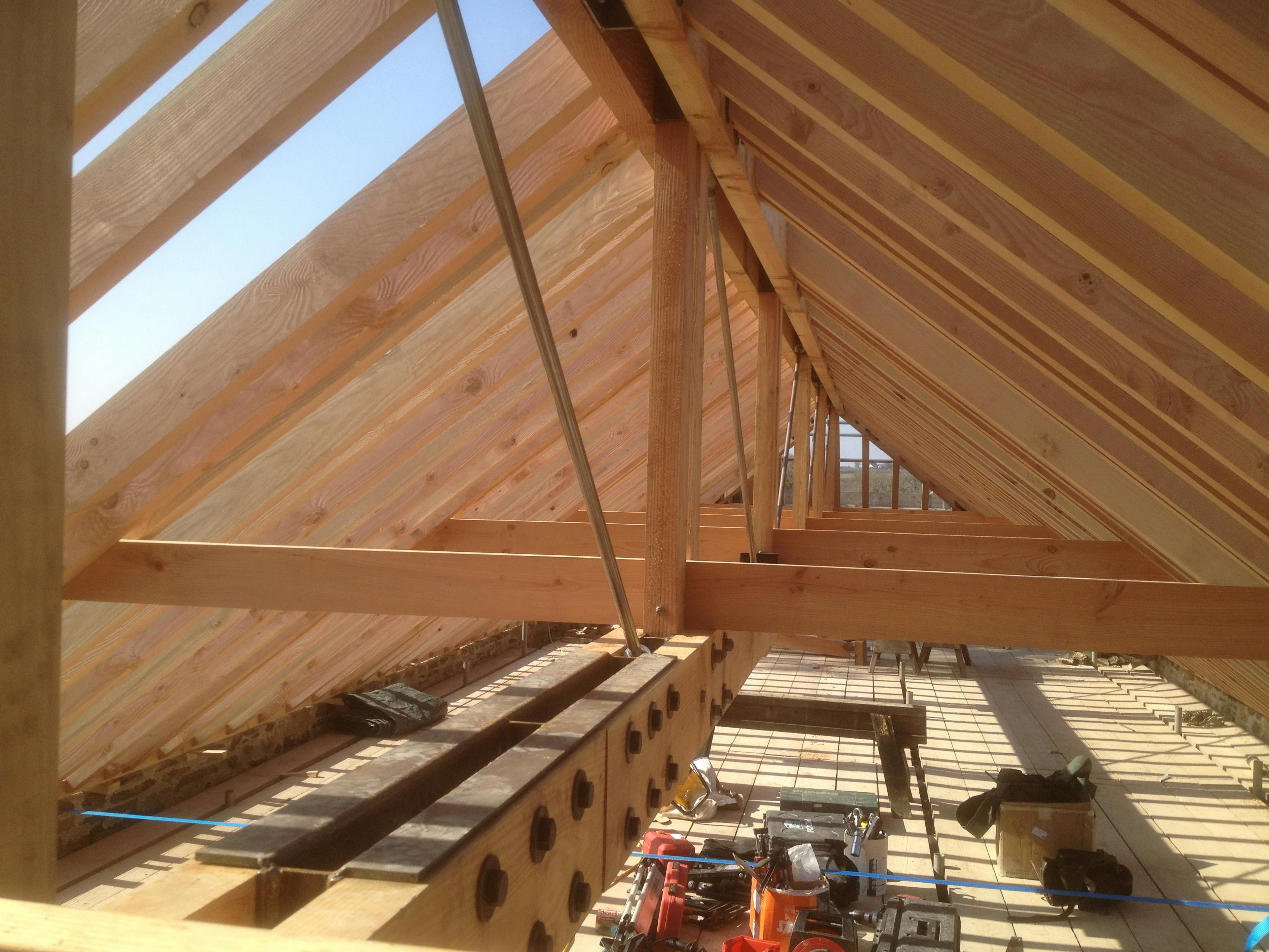 A Douglas fir frame with steel connections during renovation of a barn