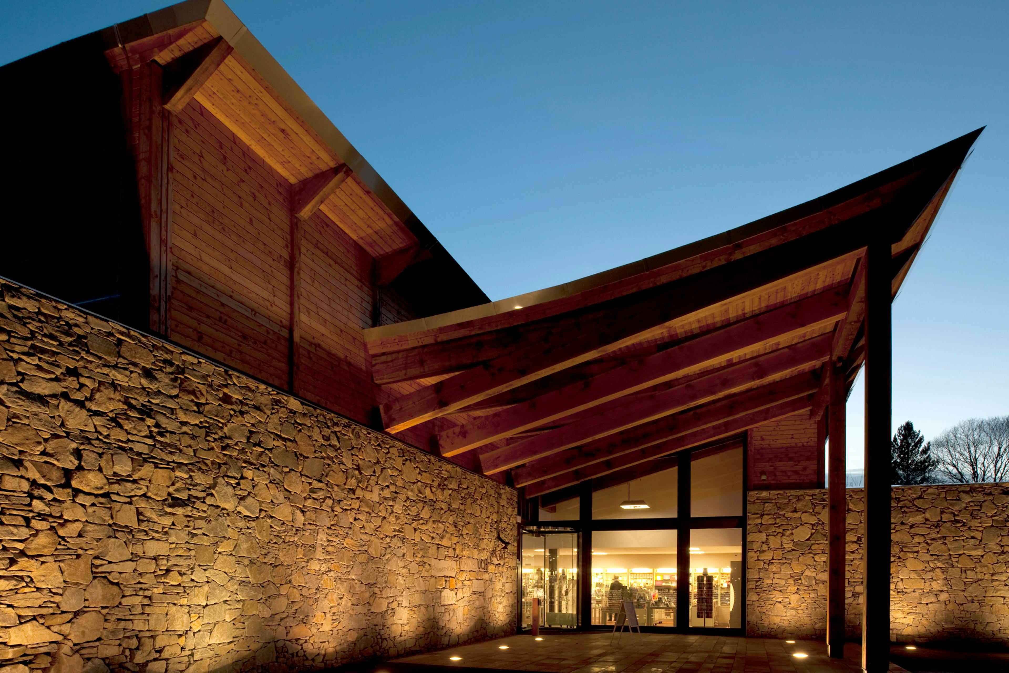 Stone clad Douglas fir framed museum