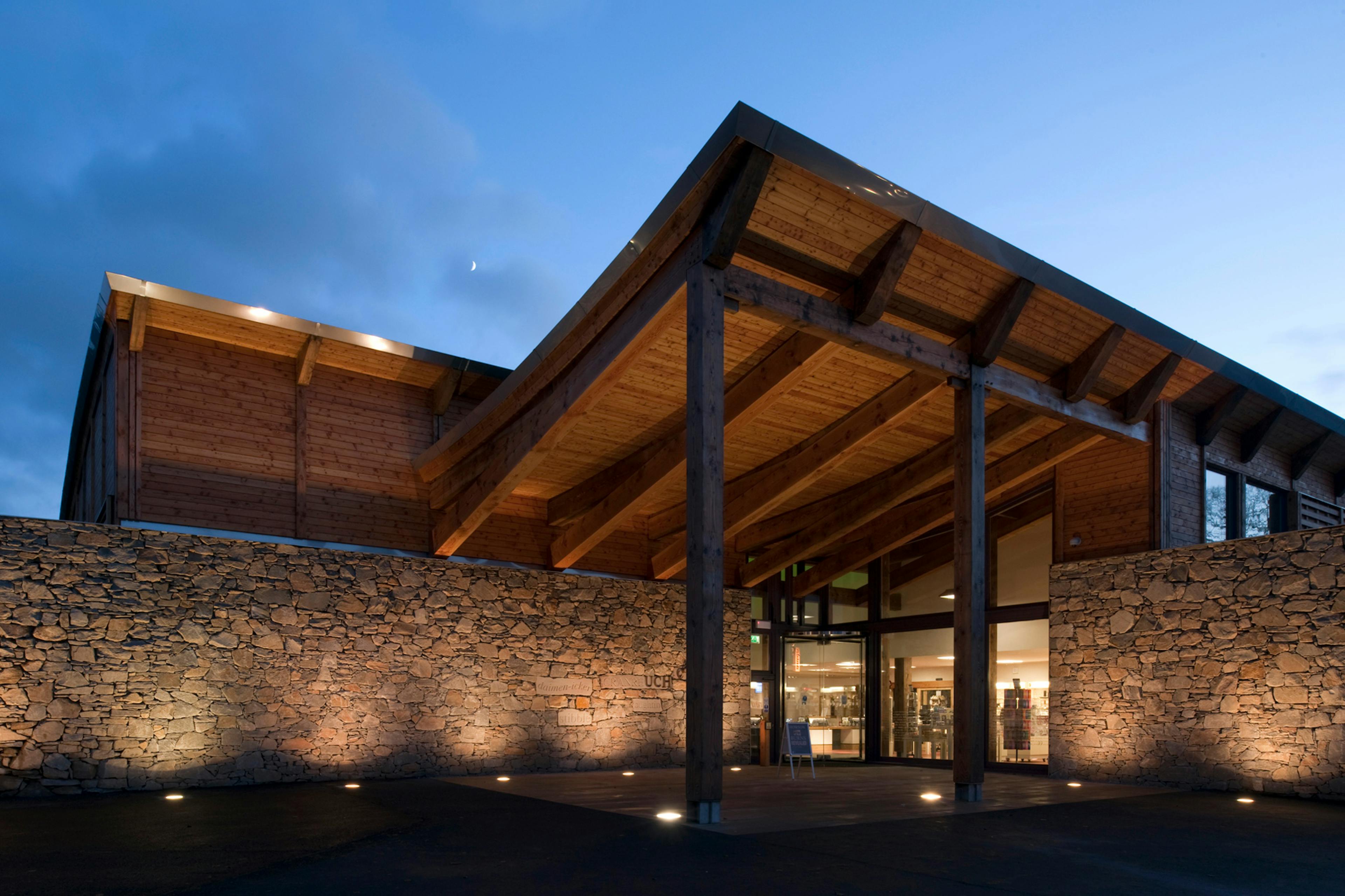 Stone clad Douglas fir framed museum