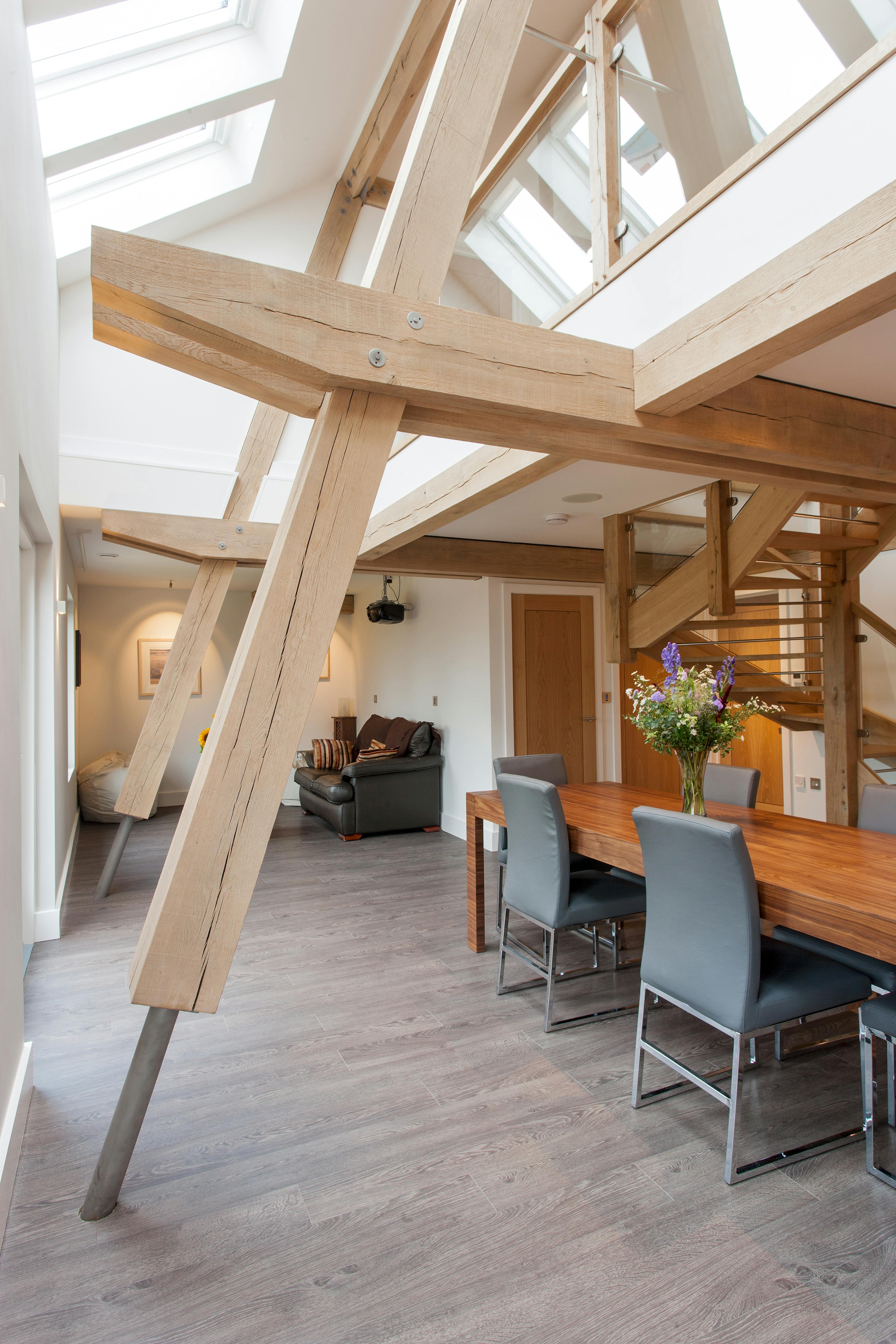 A dining area in a modern oak and steel framed home