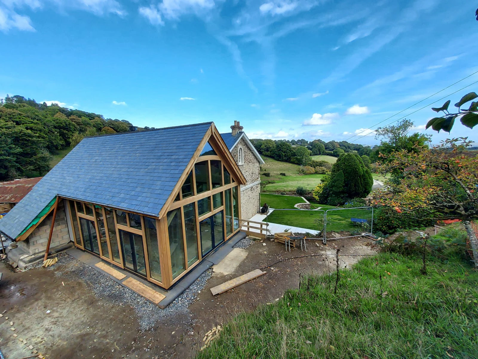 An oak frame extension during construction