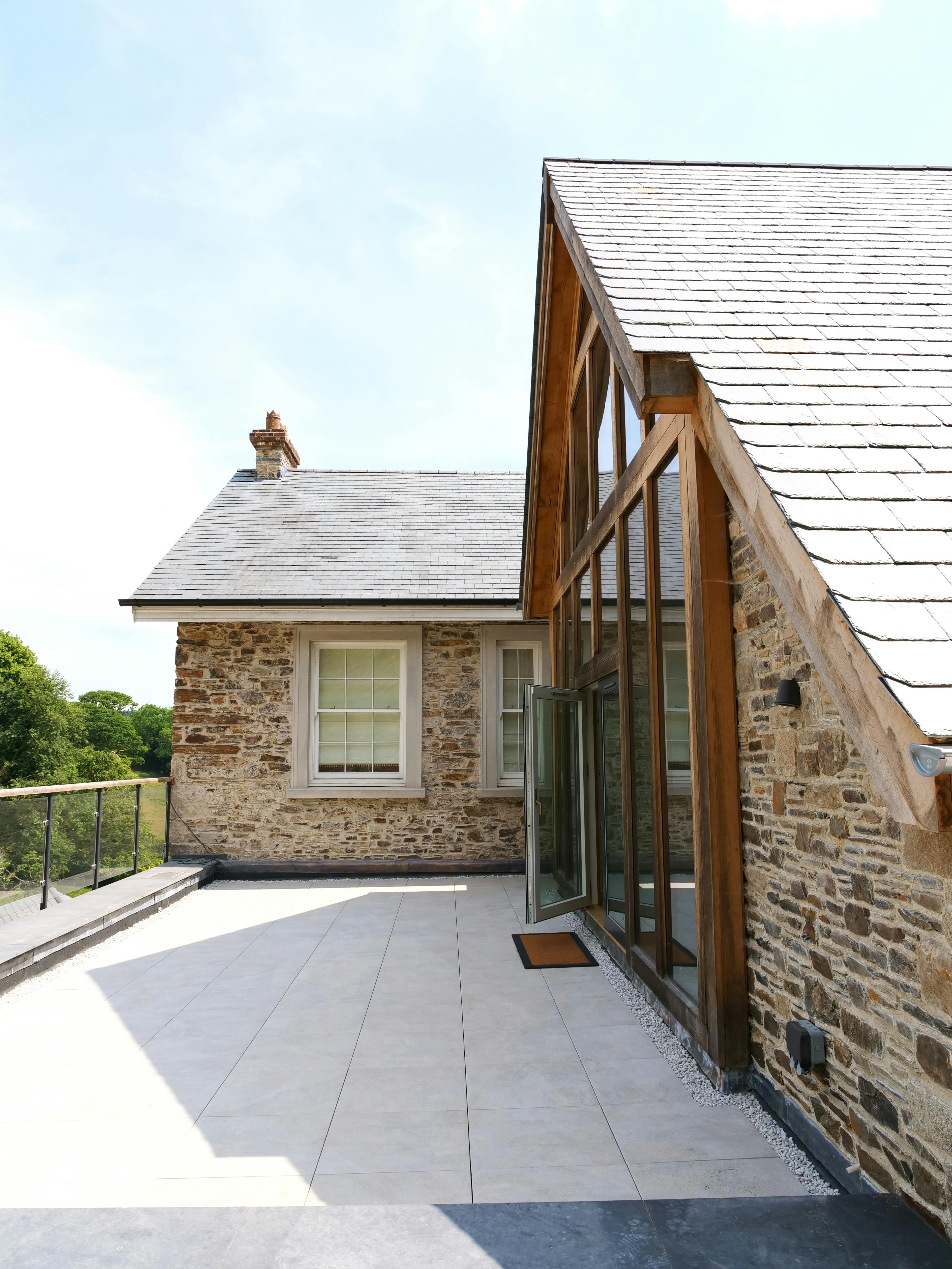 An oak framed extension to an old stone farmhouse