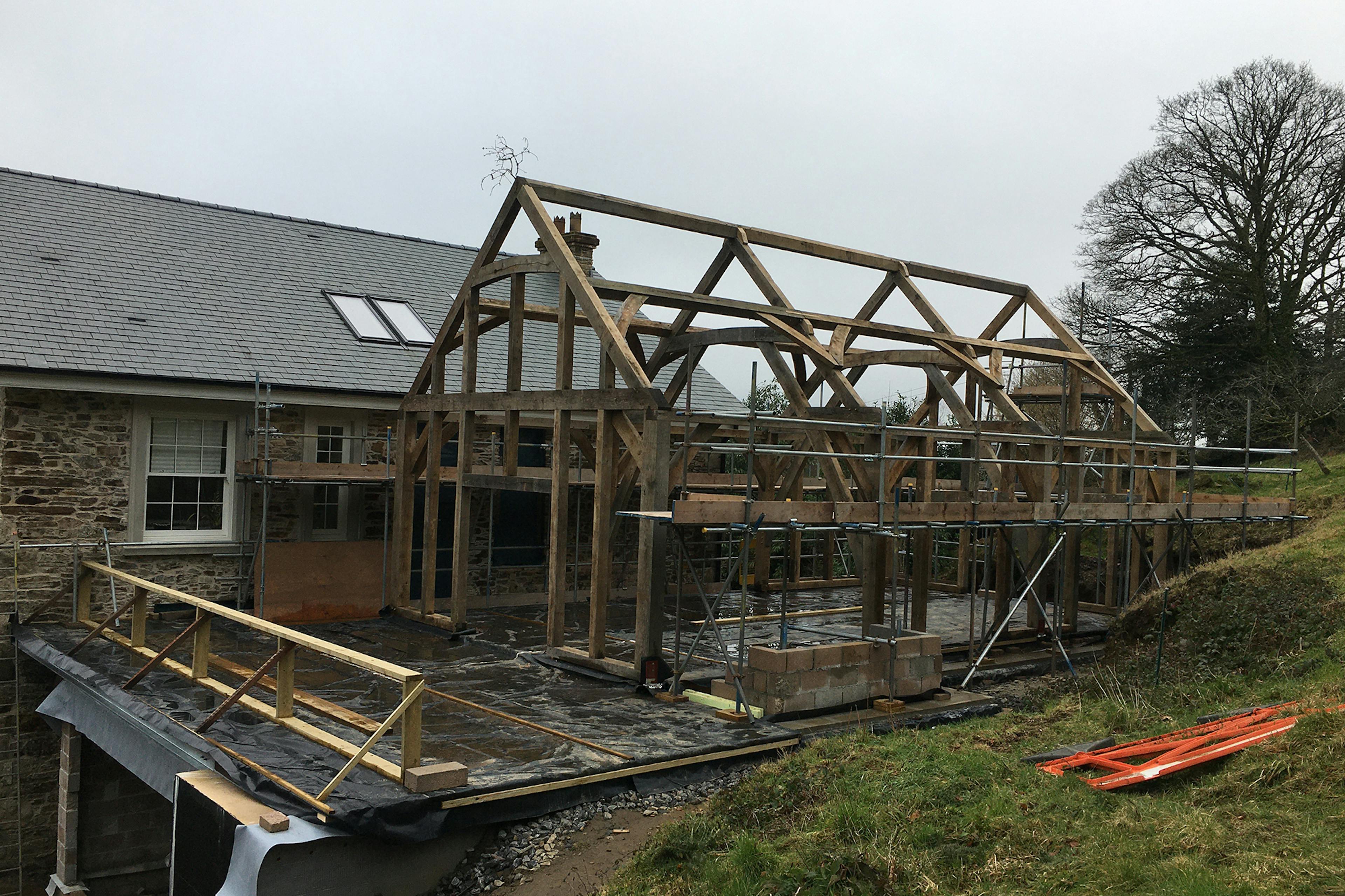 An oak frame extension during construction