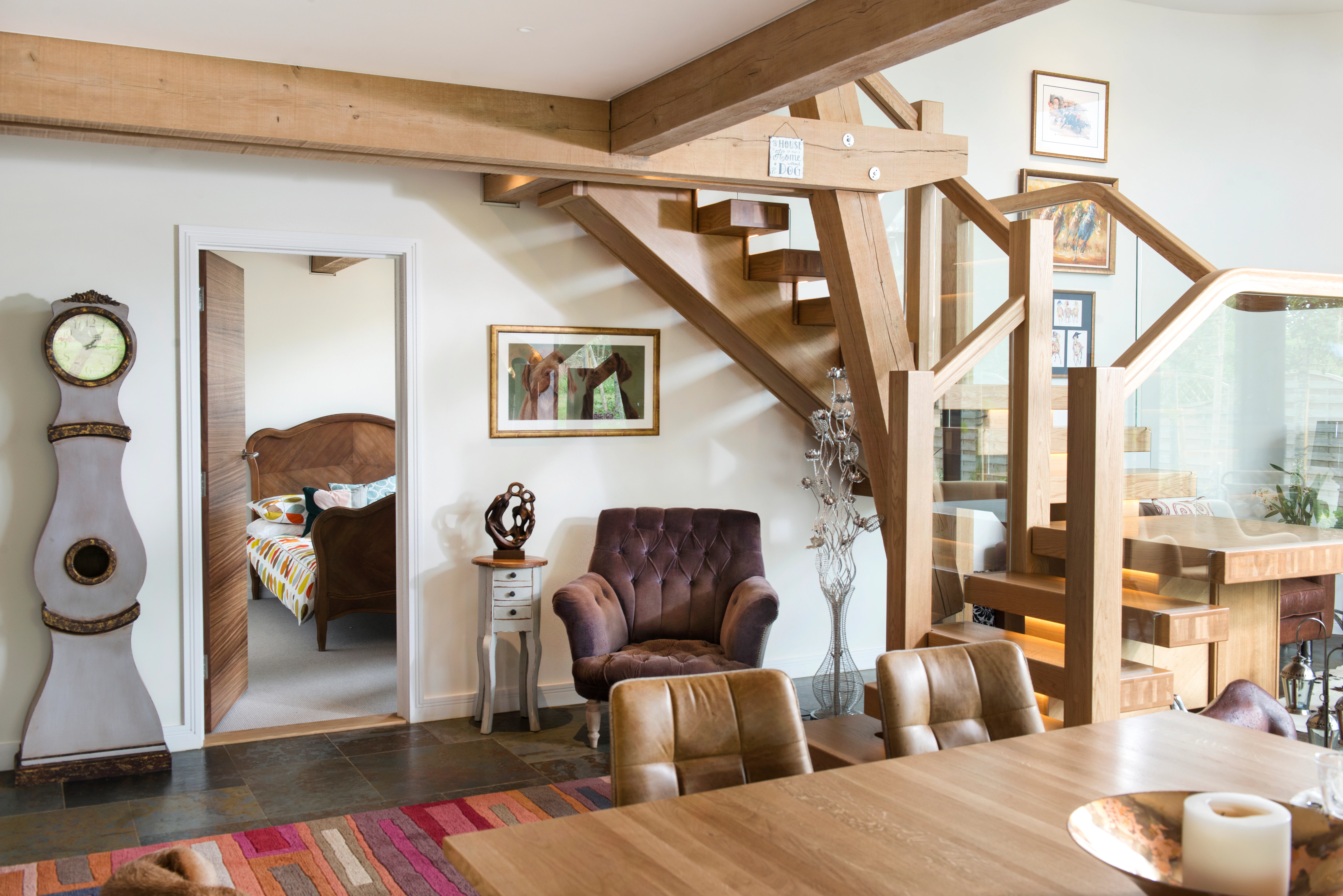 An open plan oak framed dining area