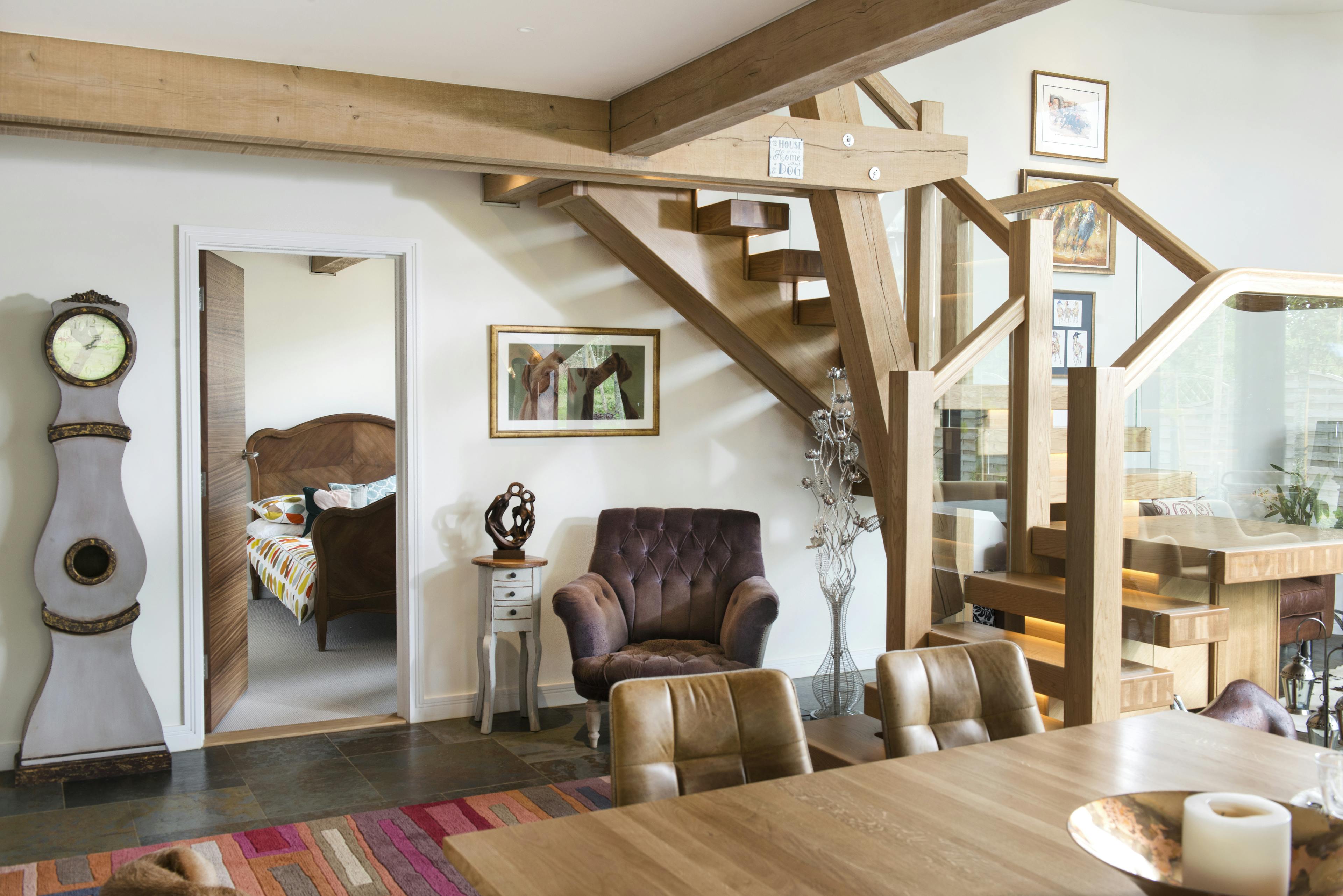 An open plan oak framed dining area