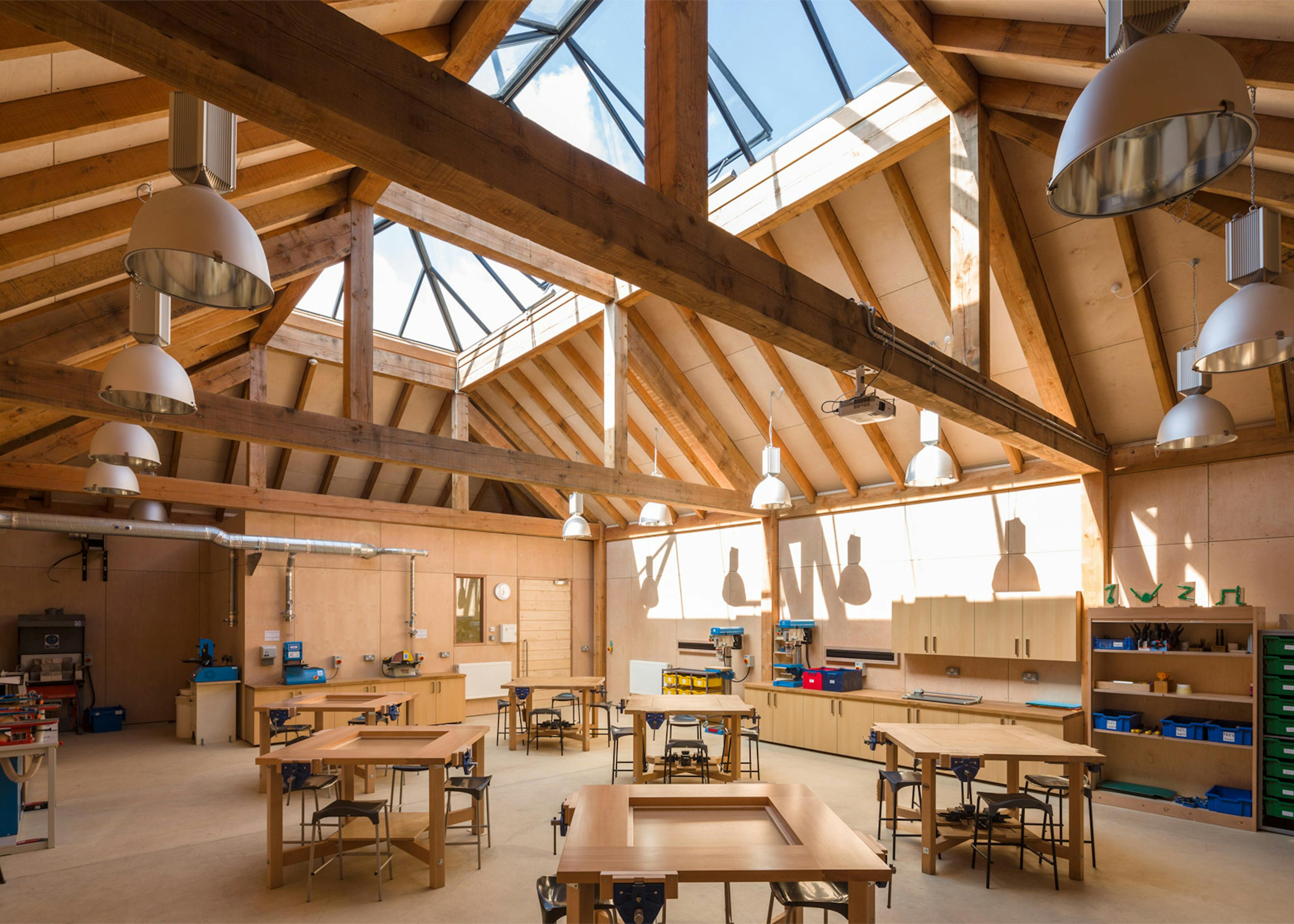 A Douglas fir framed school building with a large rooflight