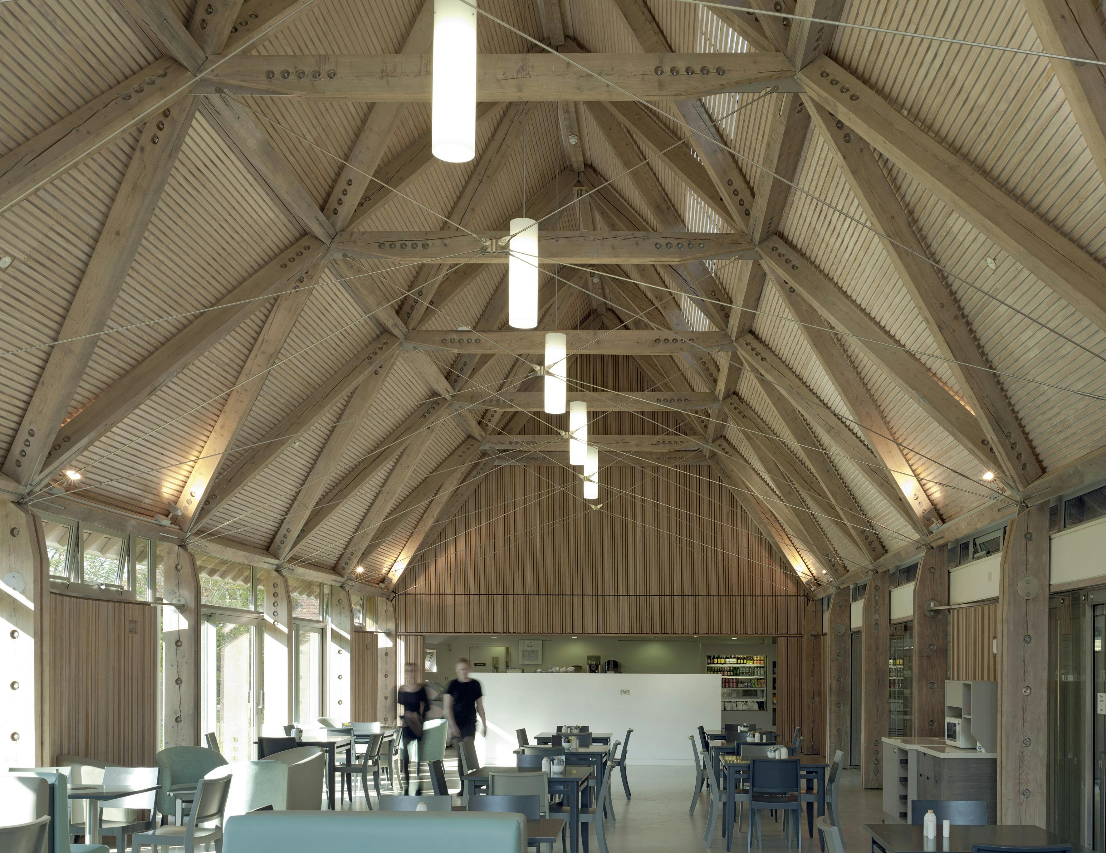 A cafe made with a diagrid roof constructed from larch