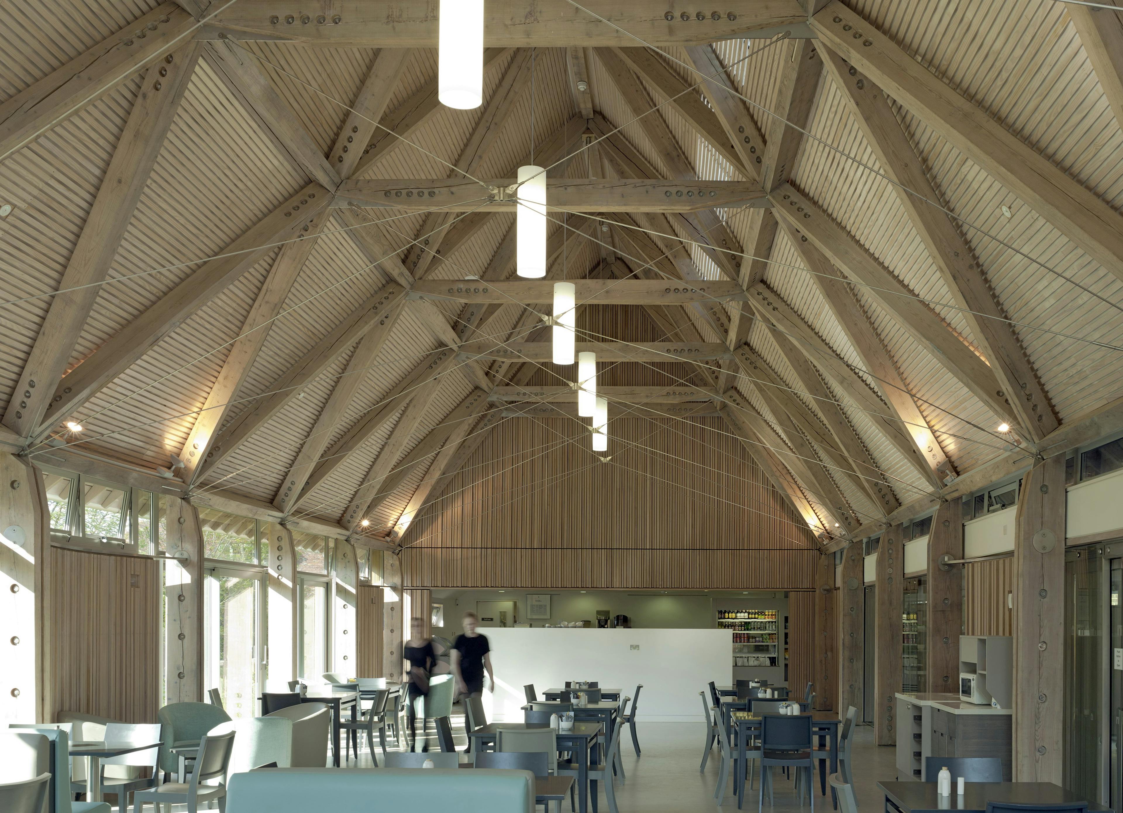A cafe made with a diagrid roof constructed from larch