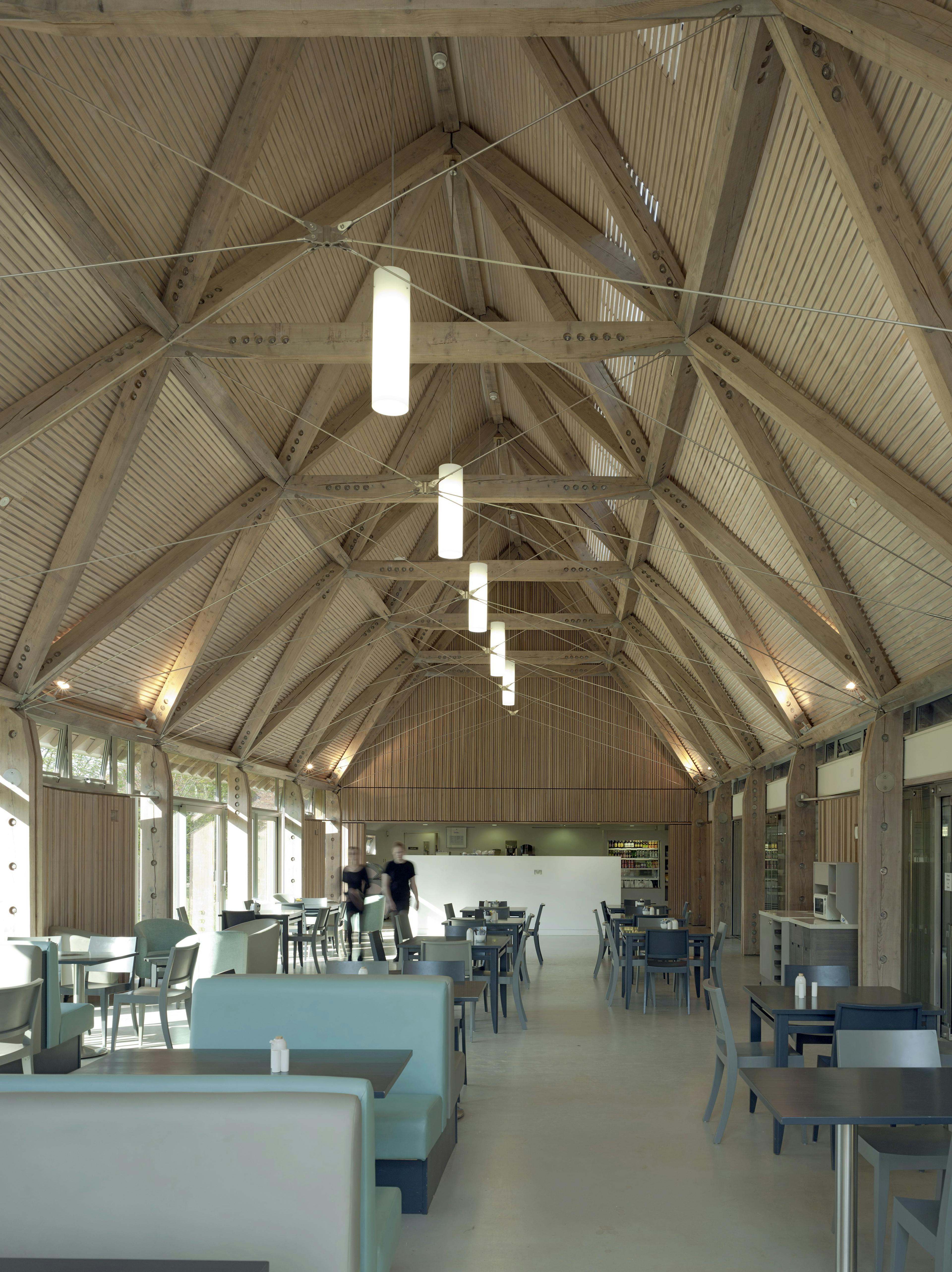 A cafe made with a diagrid roof constructed from larch