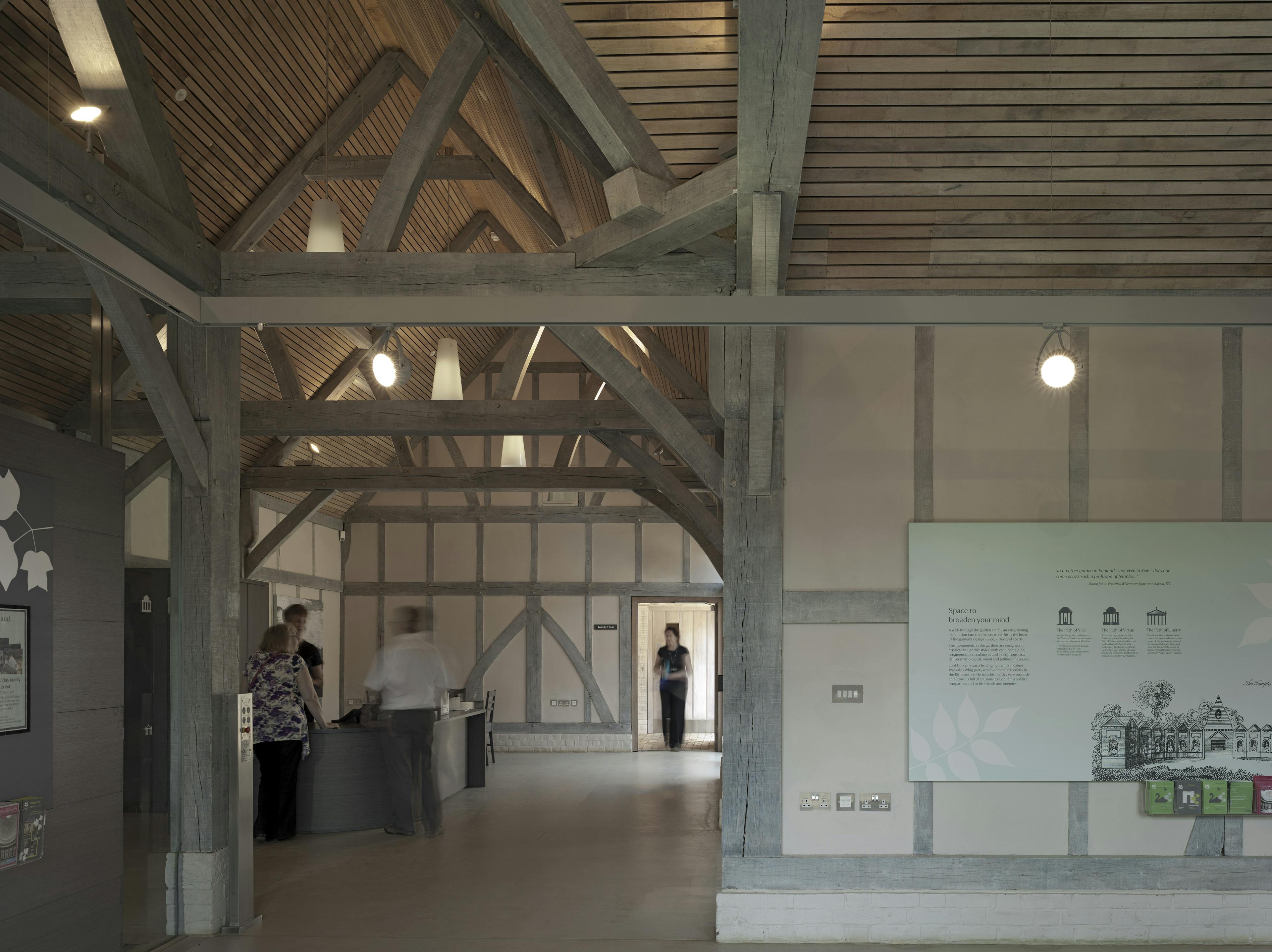 A visitors centre made with a diagrid roof constructed from larch