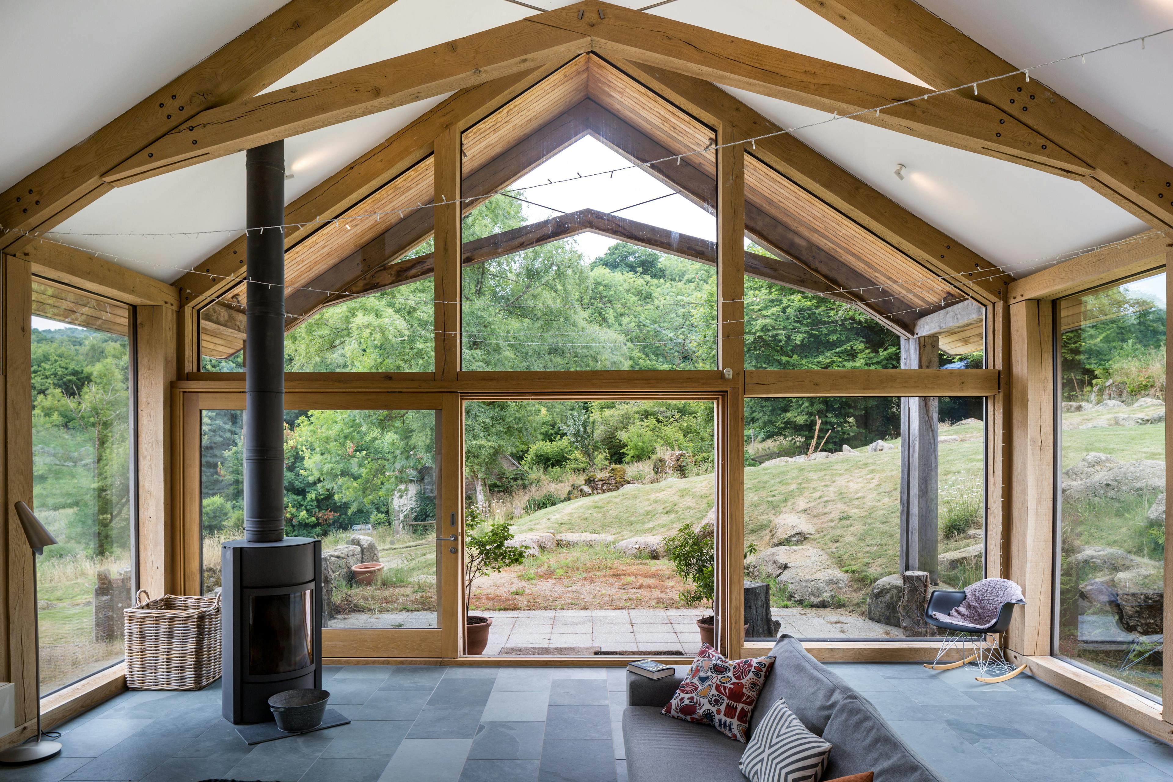 An oak framed living room extension with scissor truss