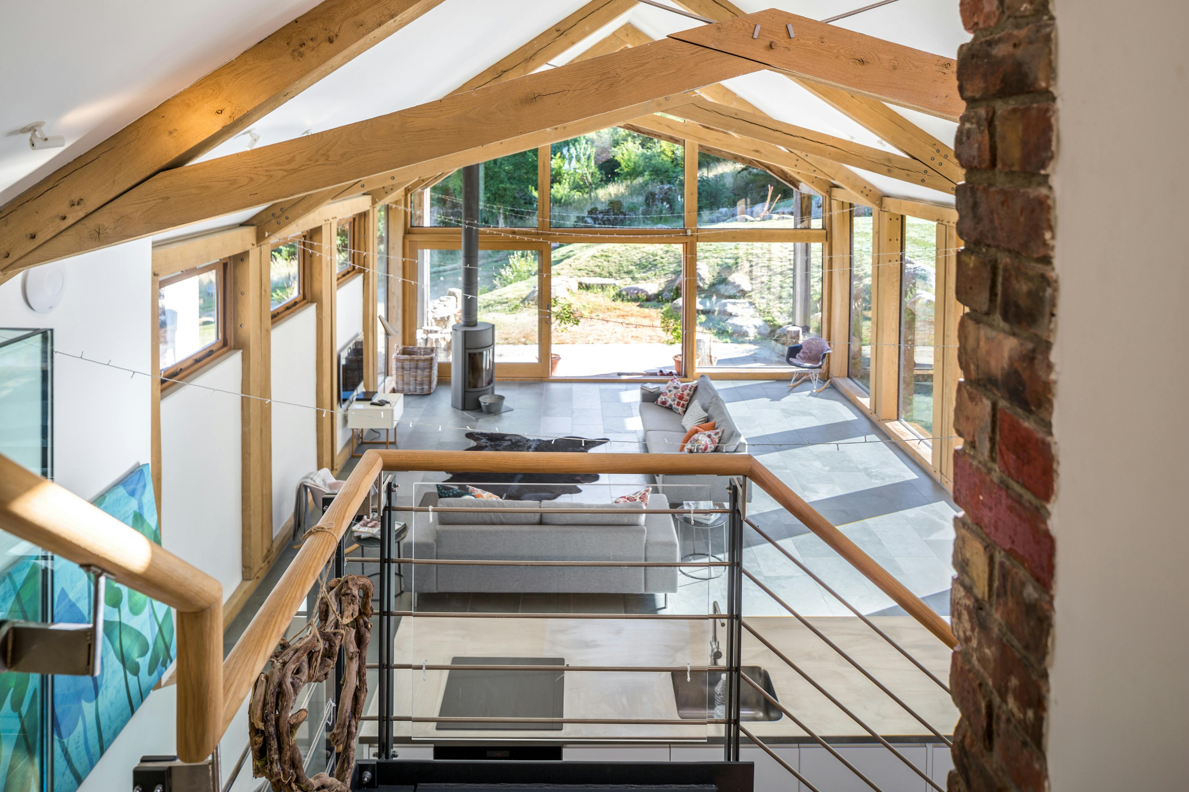 An oak framed living room extension with scissor truss