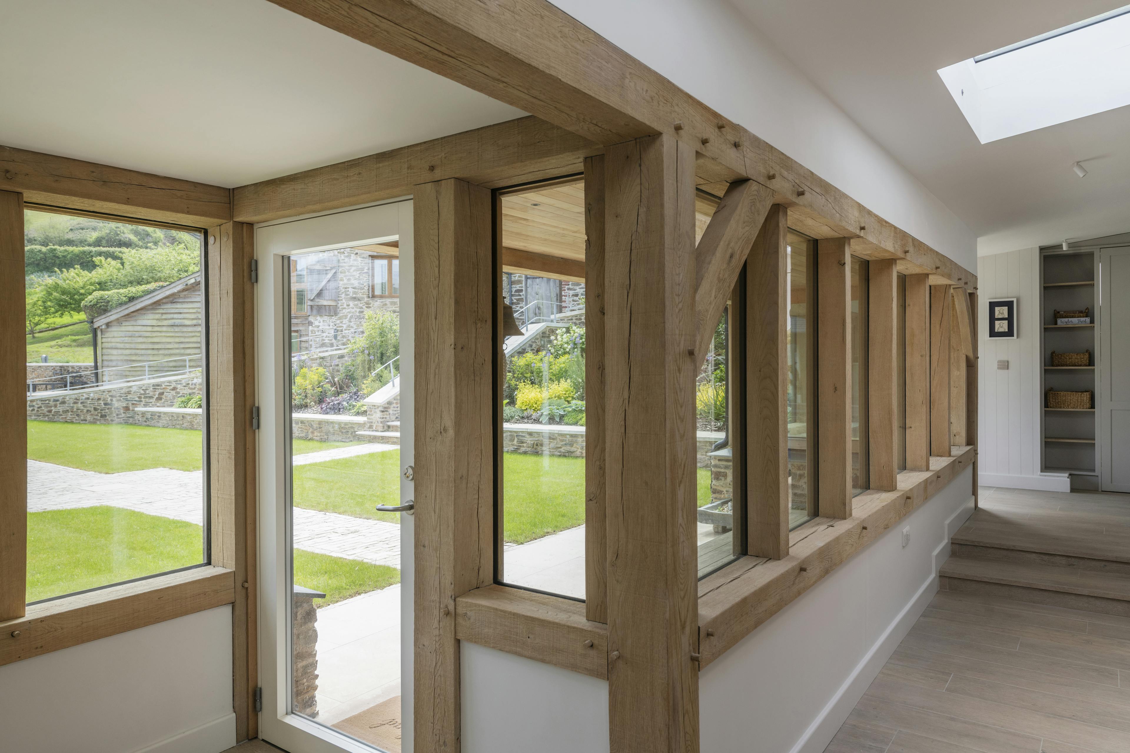 An oak framed entrance and corridor