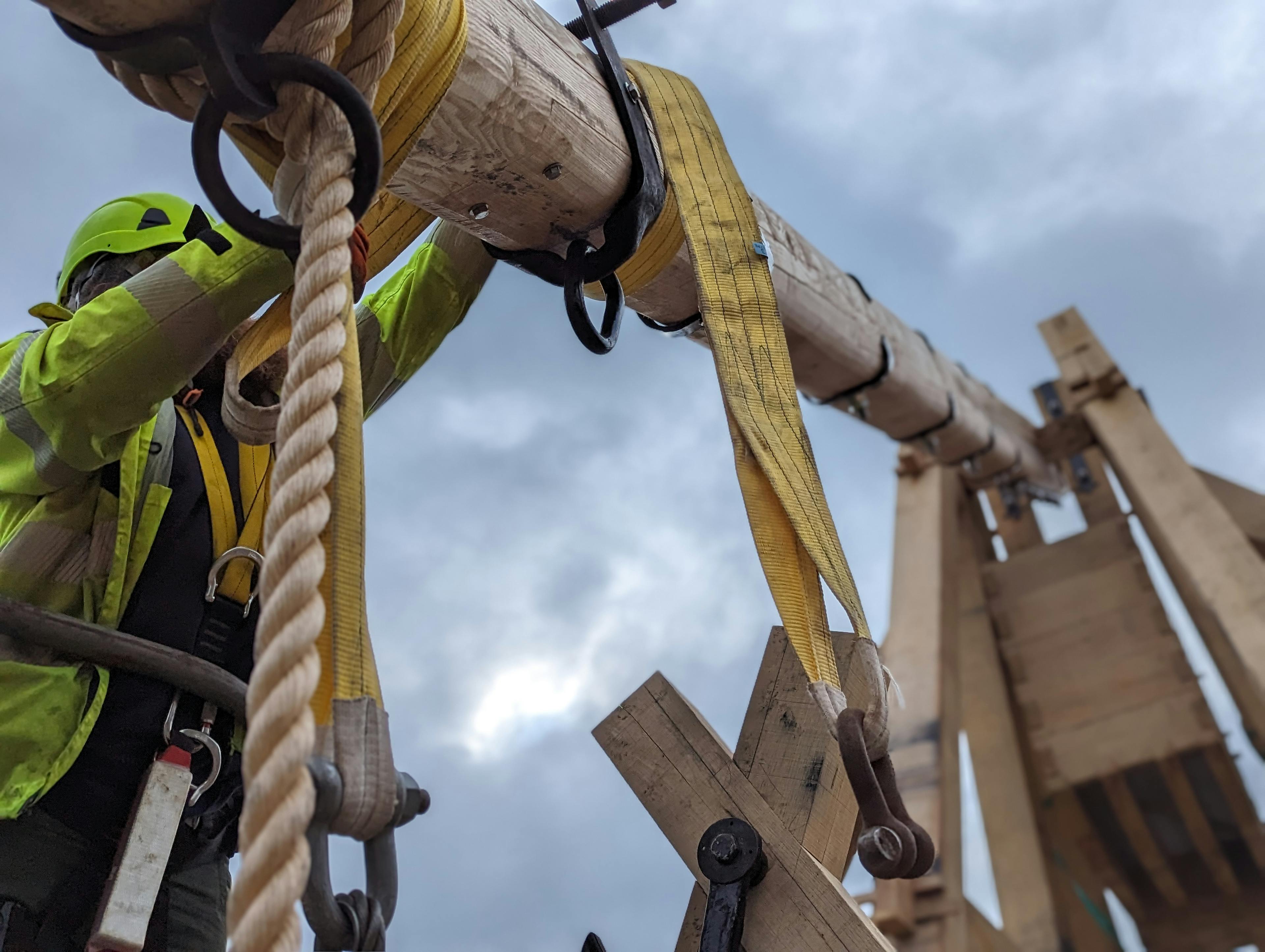 A full scale working oak and ash trebuchet at Warwick Castle during construction