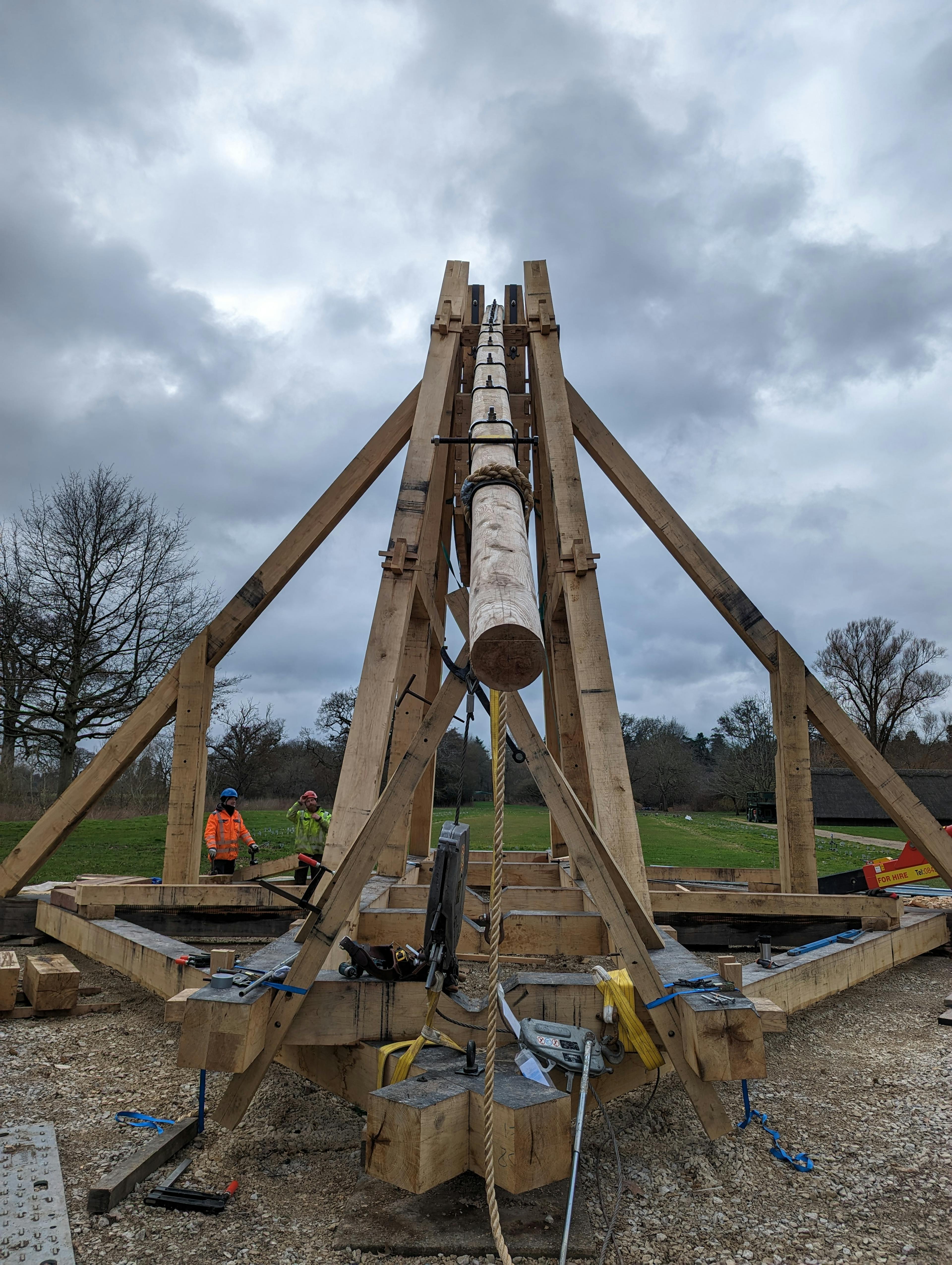 A full scale working oak and ash trebuchet at Warwick Castle during construction