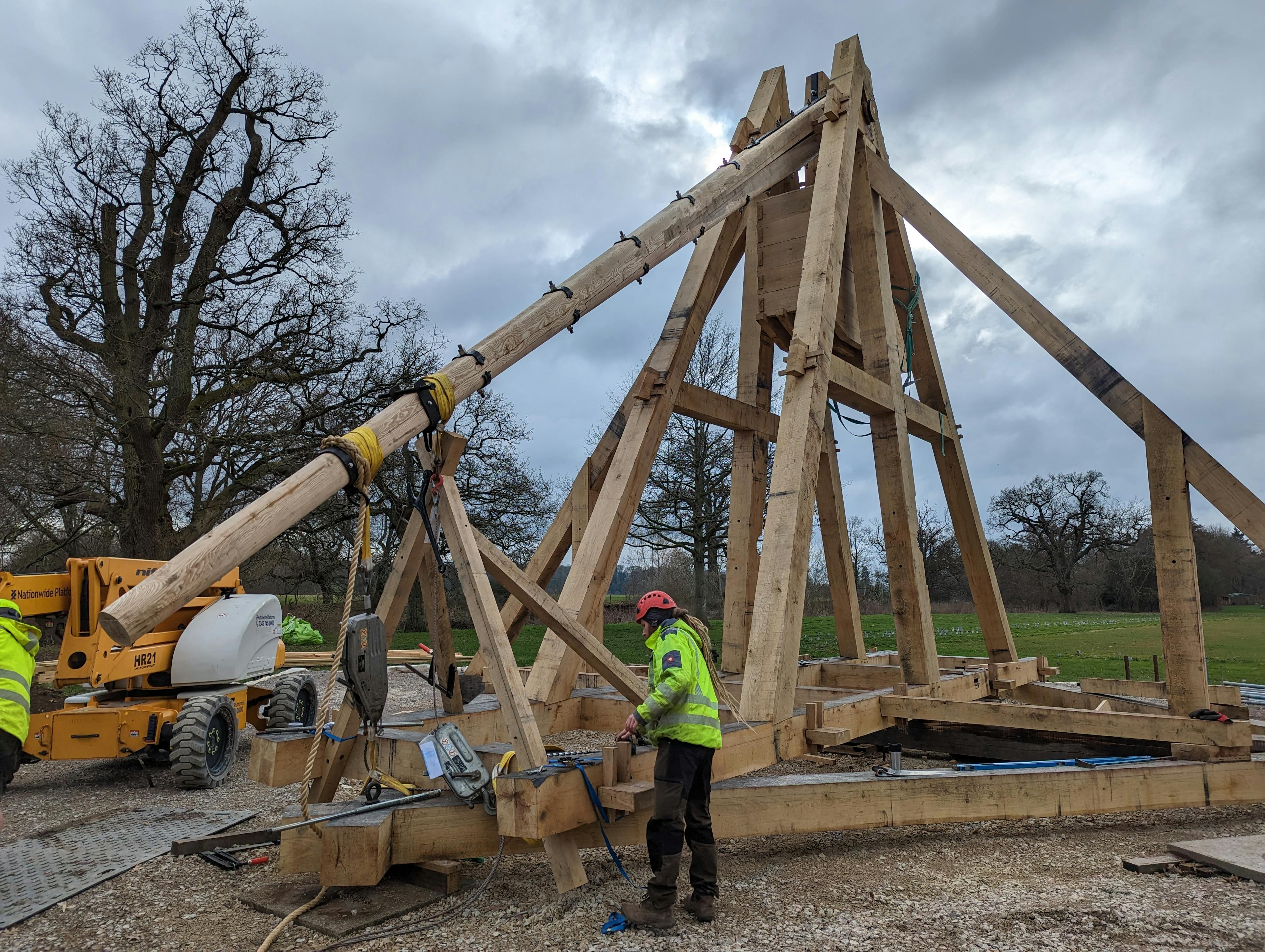 A full scale working oak and ash trebuchet at Warwick Castle during construction