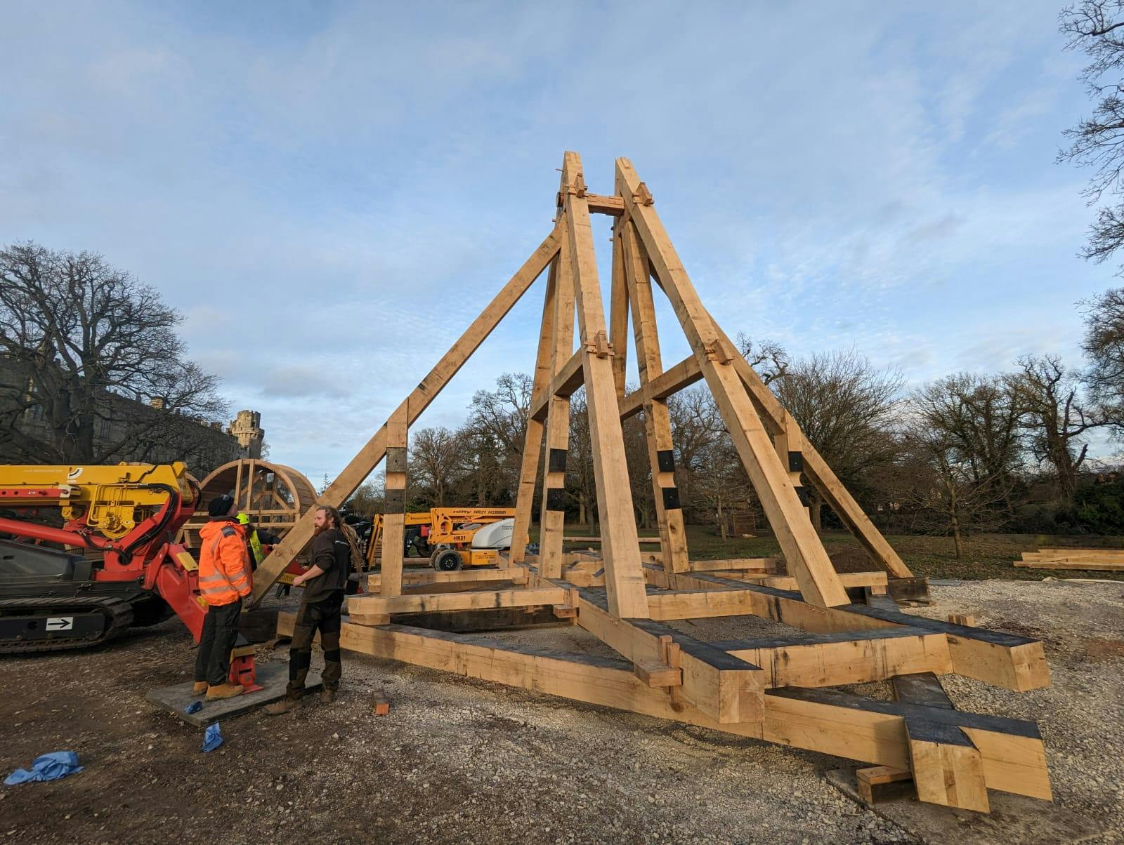 A full scale working oak and ash trebuchet at Warwick Castle during construction