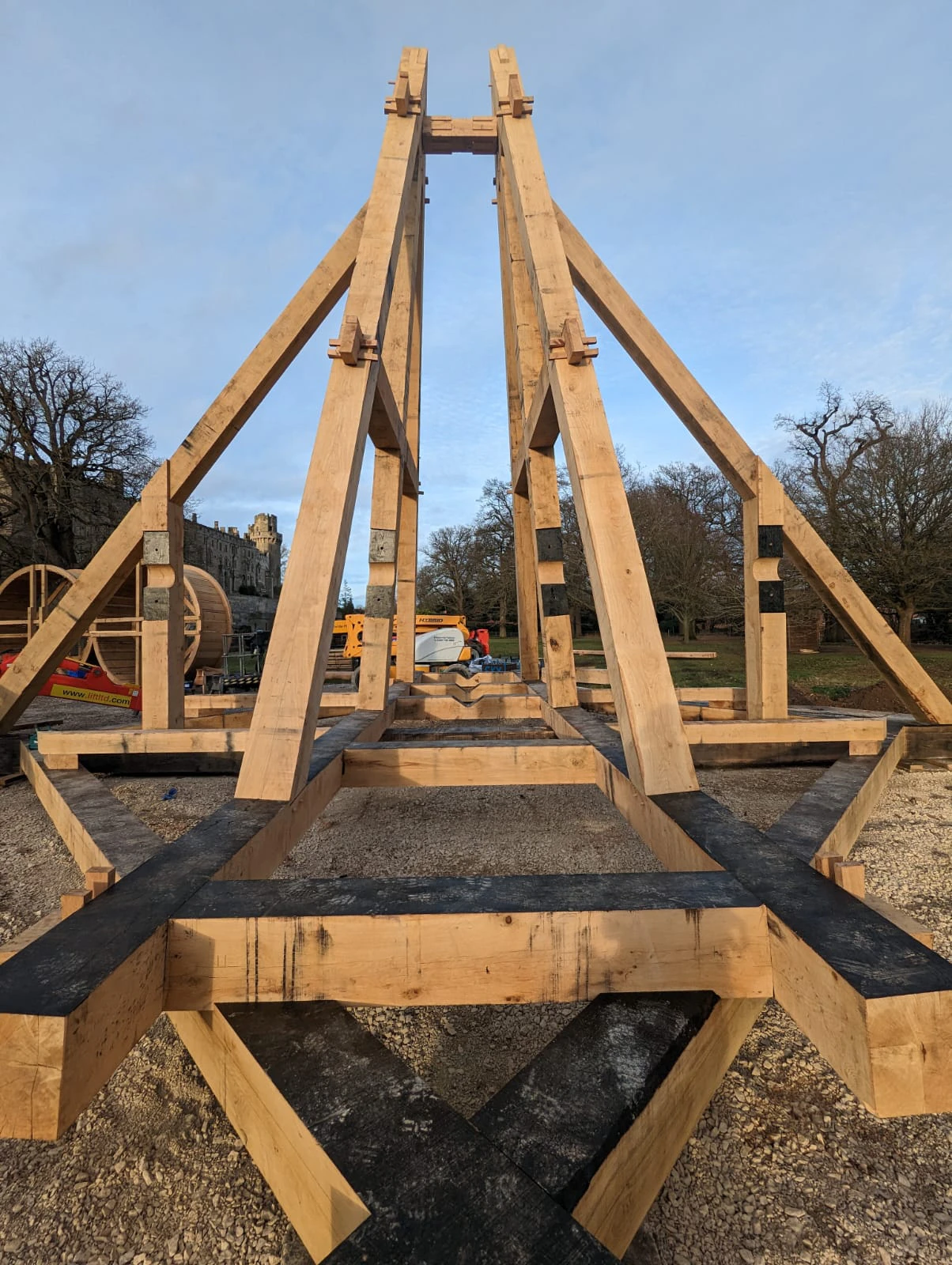 A full scale working oak and ash trebuchet at Warwick Castle during construction