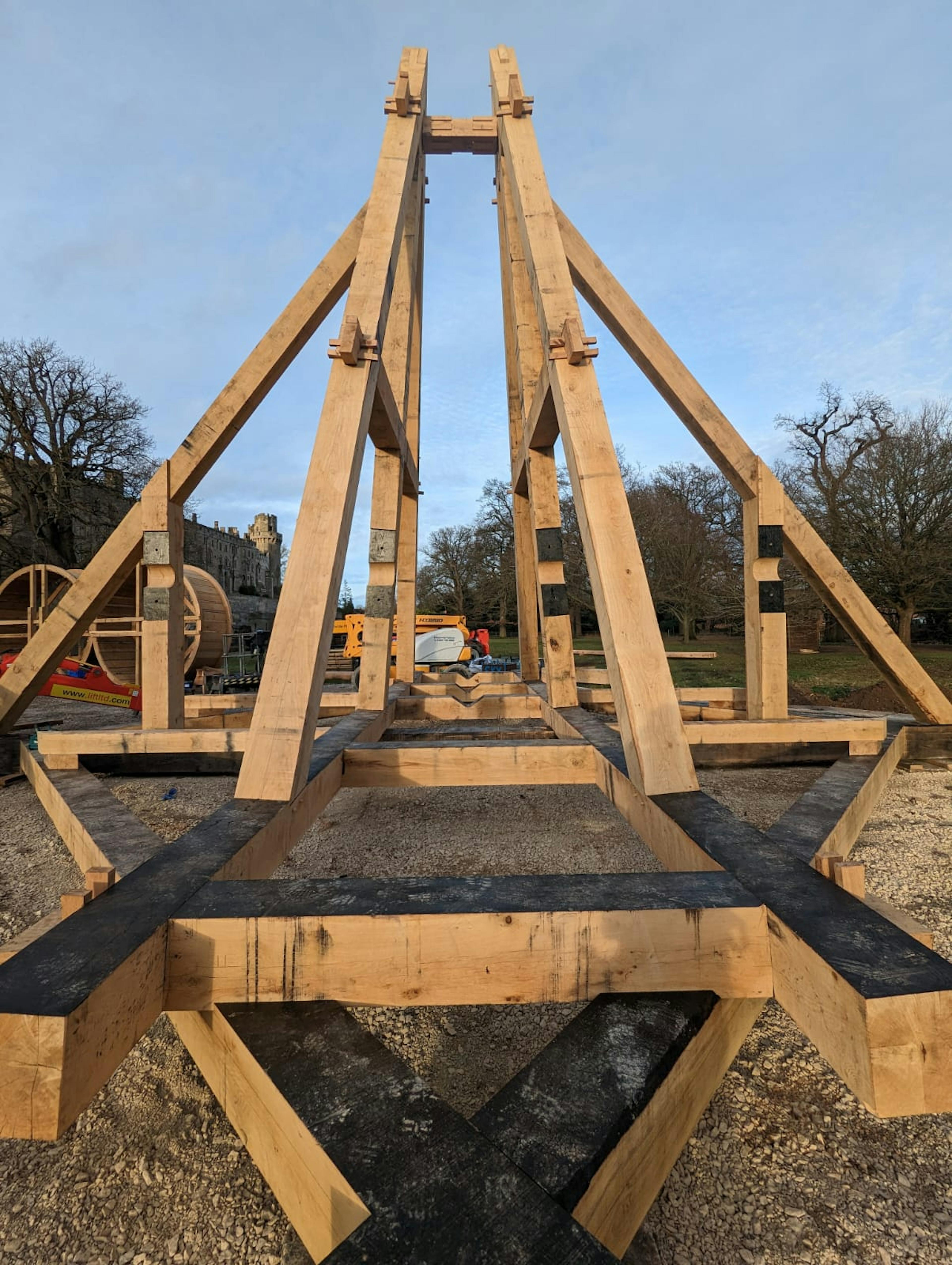 A full scale working oak and ash trebuchet at Warwick Castle during construction