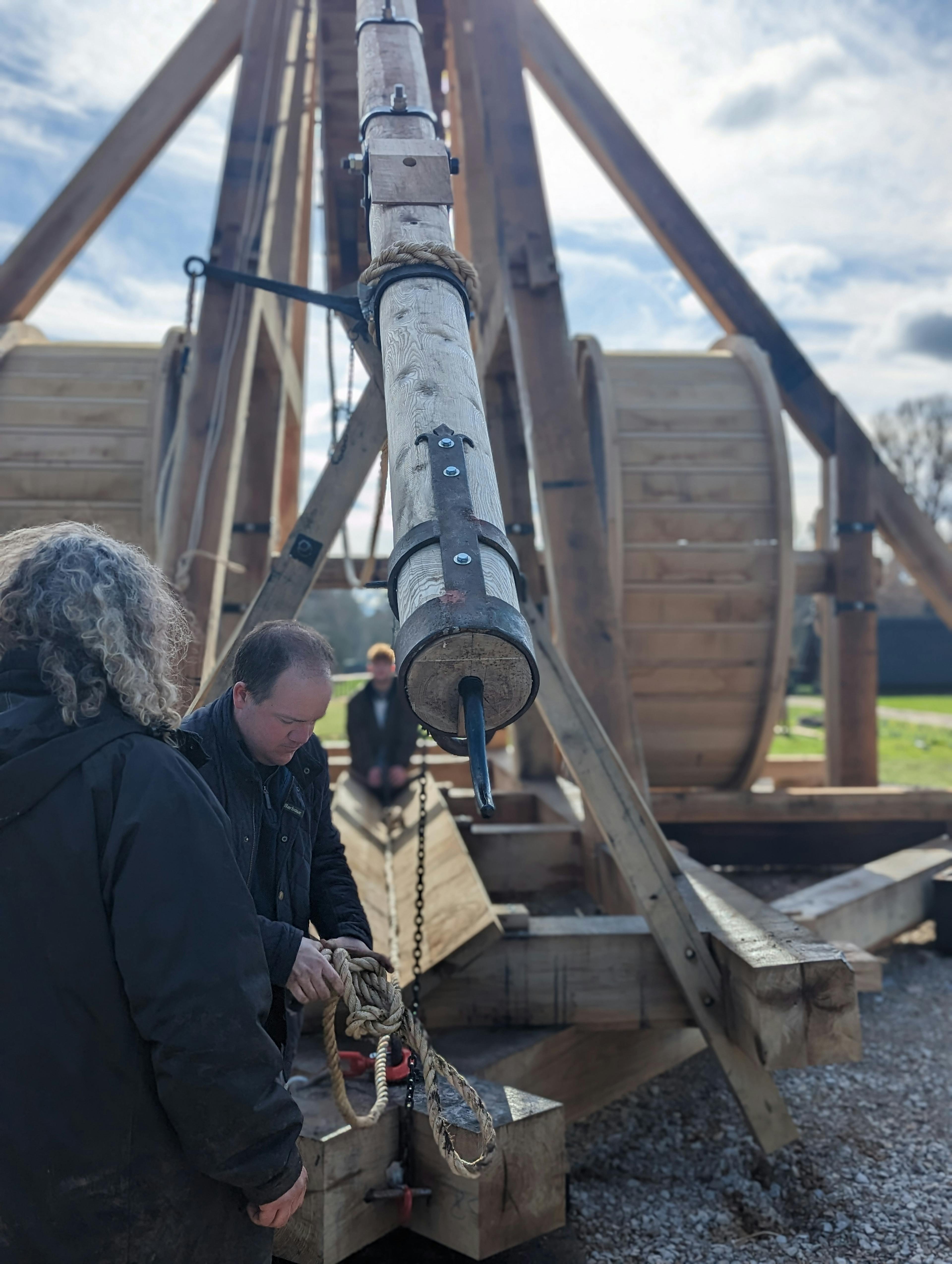 A full scale working oak and ash trebuchet at Warwick Castle during construction