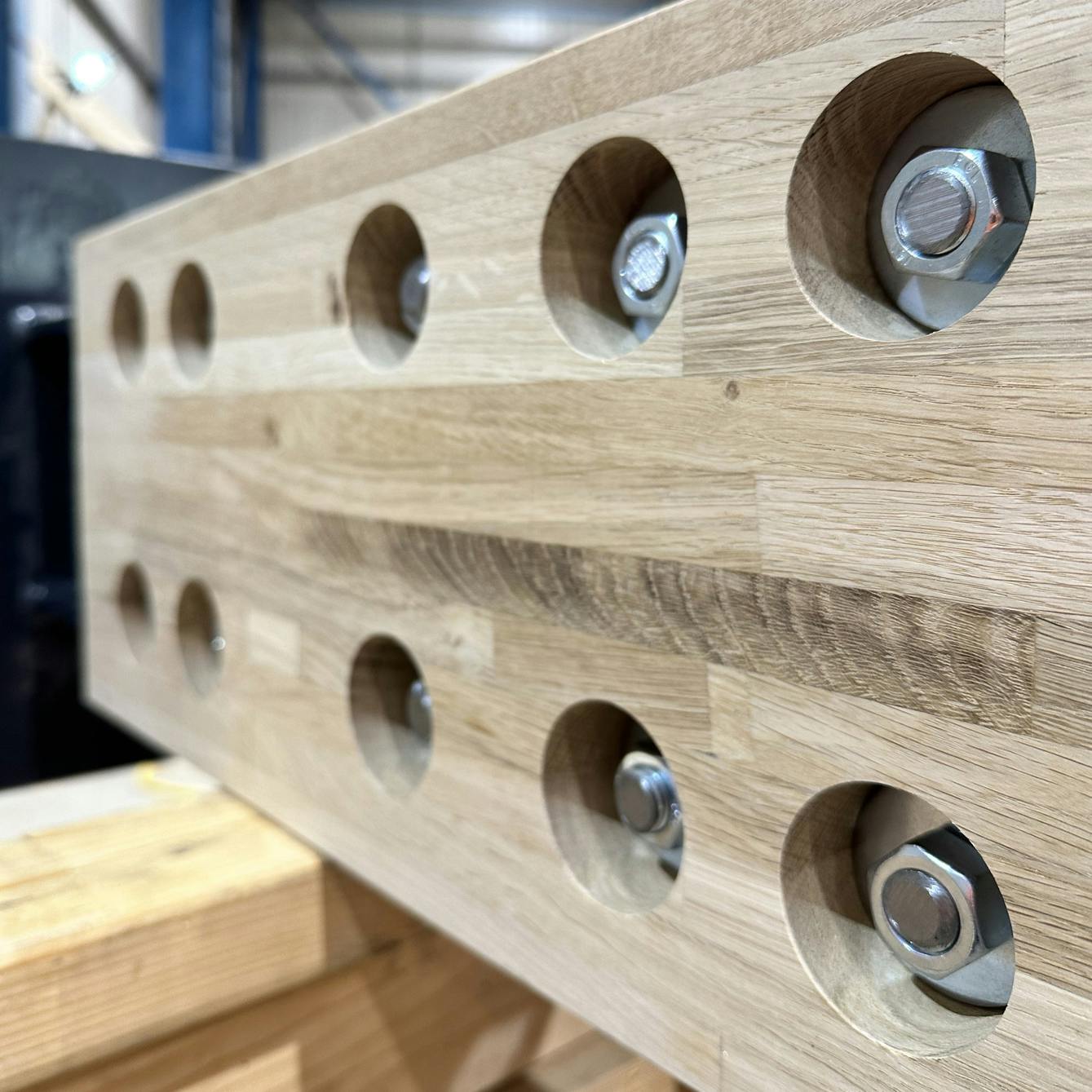 An oak gluam post with steel fittings