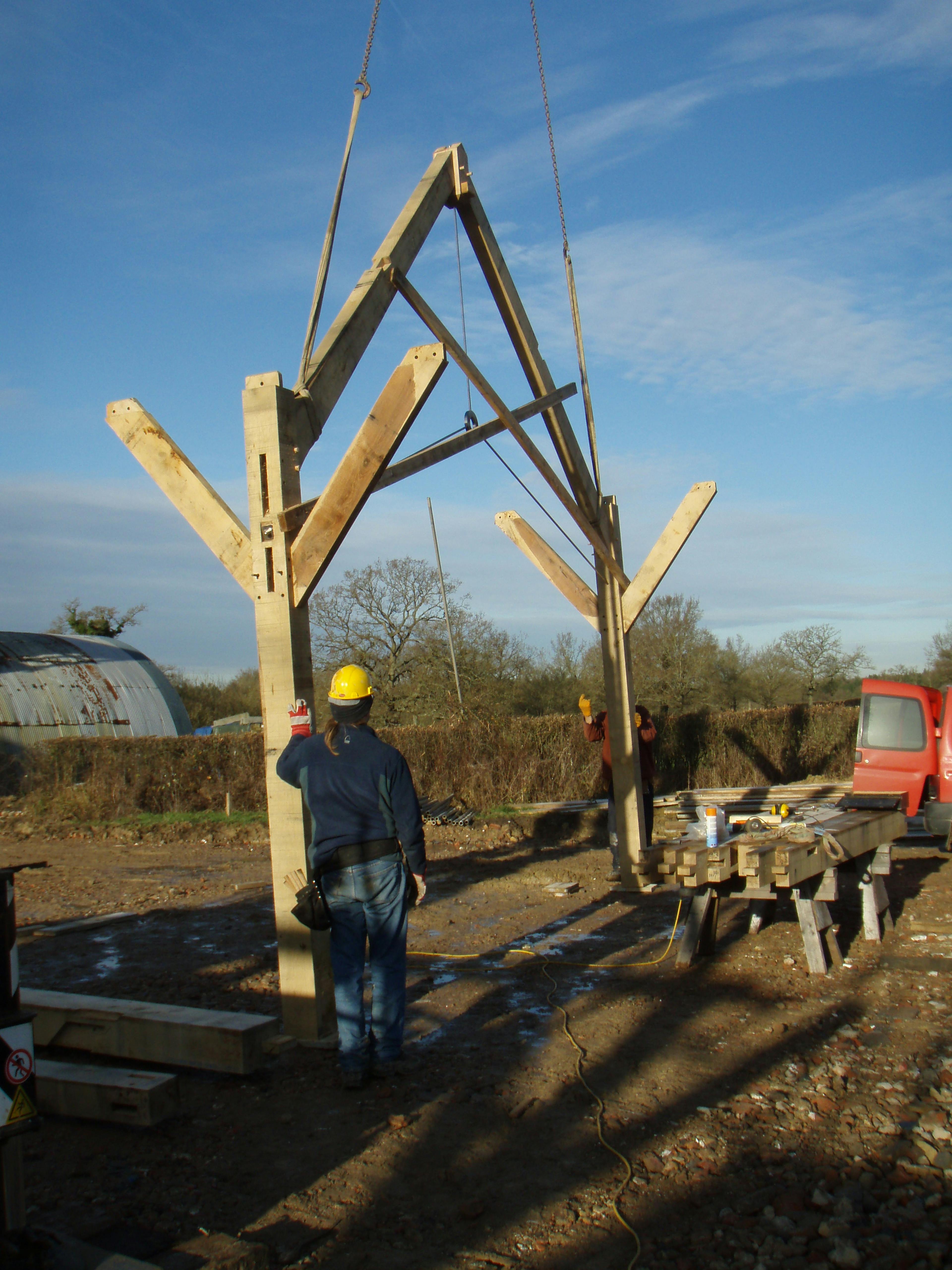 Lifting a large-scale preassembled oak-framed truss into place on-site