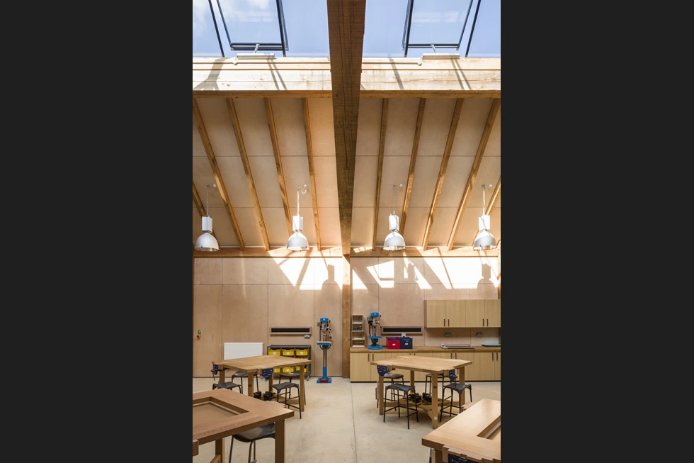 A Douglas fir framed school building with a large rooflight
