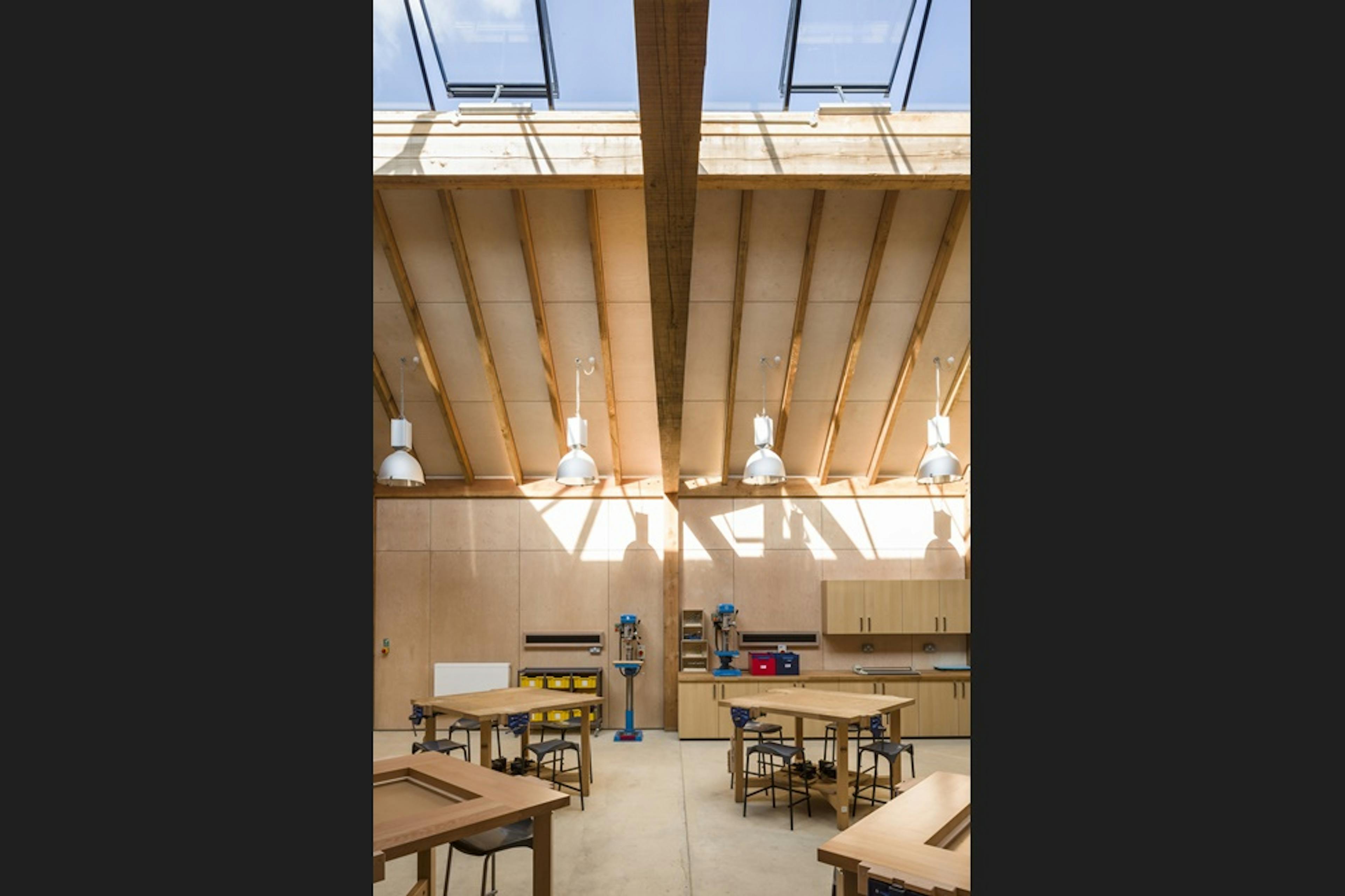 A Douglas fir framed school building with a large rooflight
