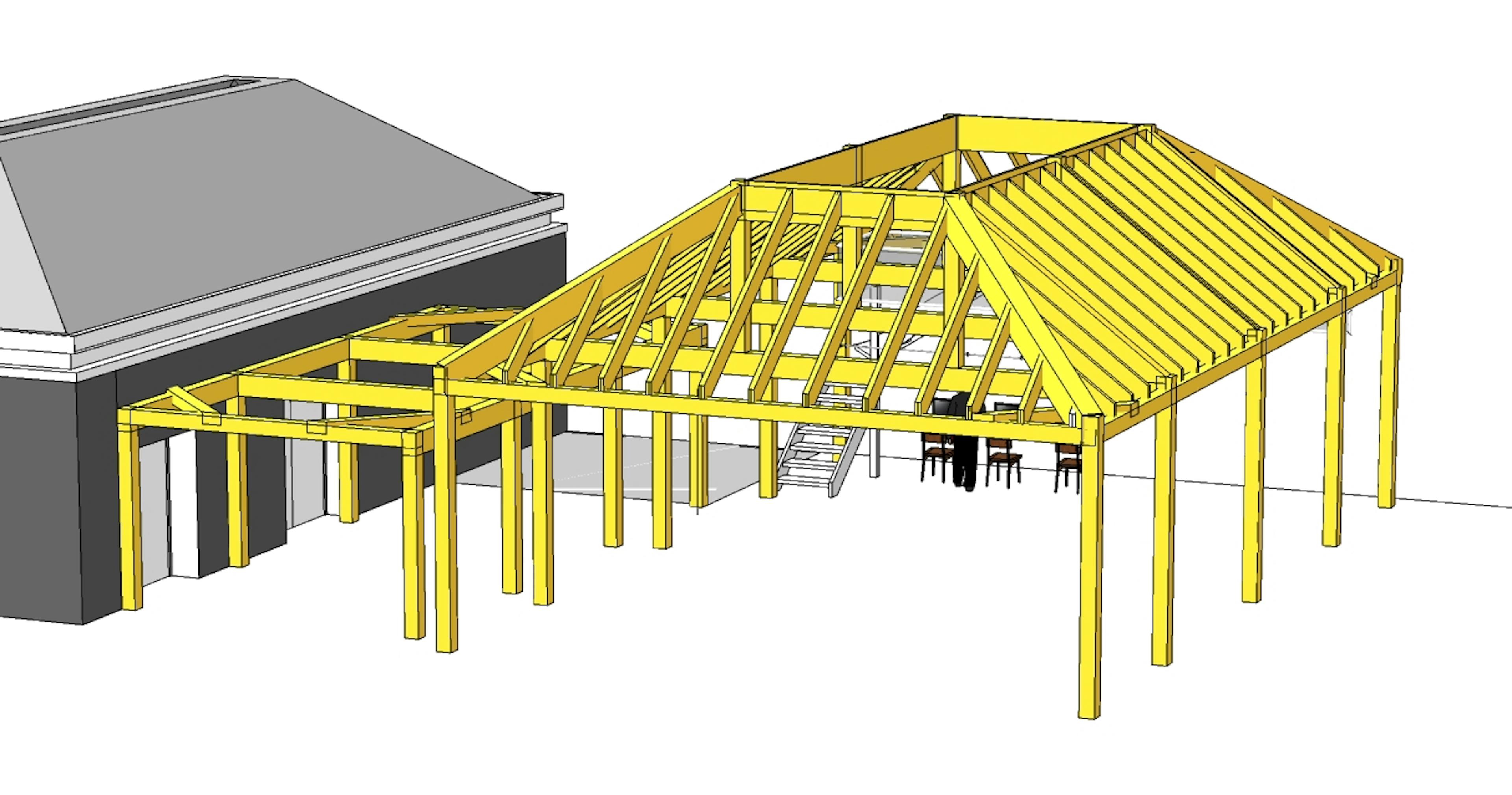 The sketch frame design of a Douglas fir framed school building with a large rooflight