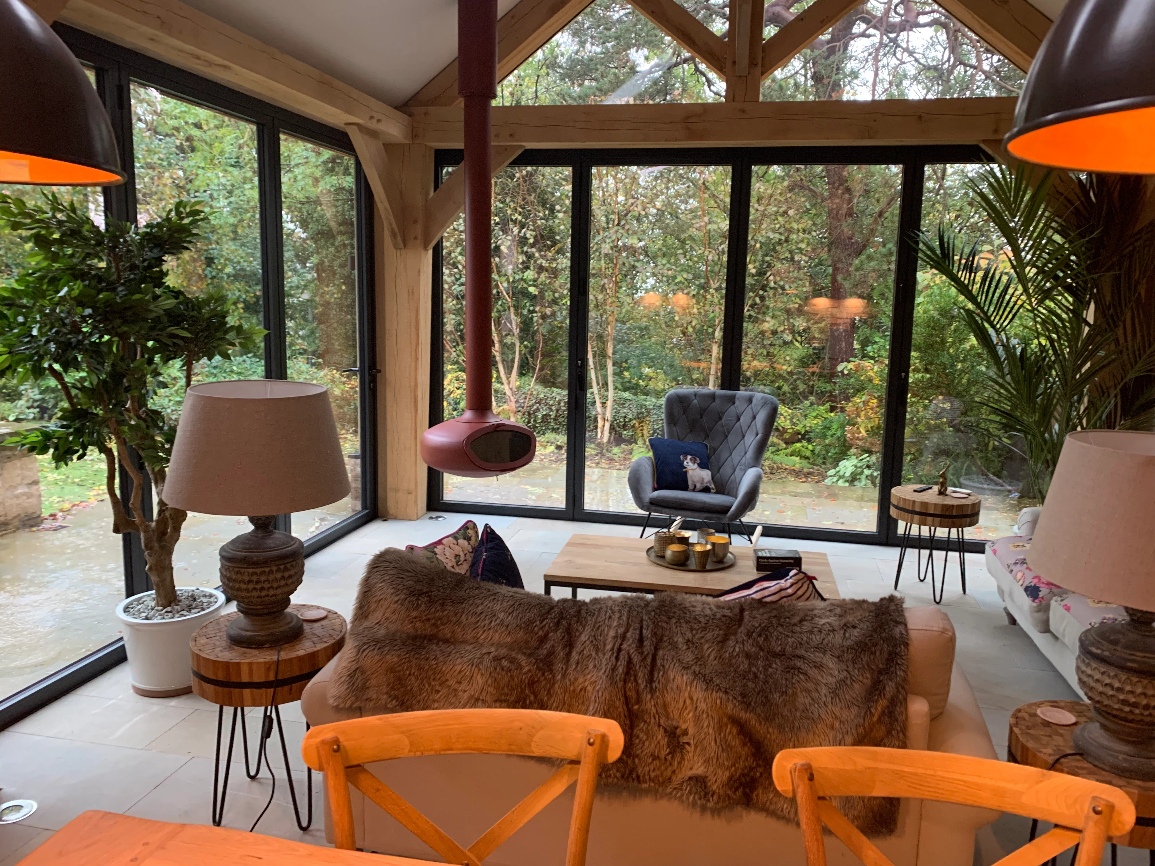 Interior view of an open-plan oak-framed garden room