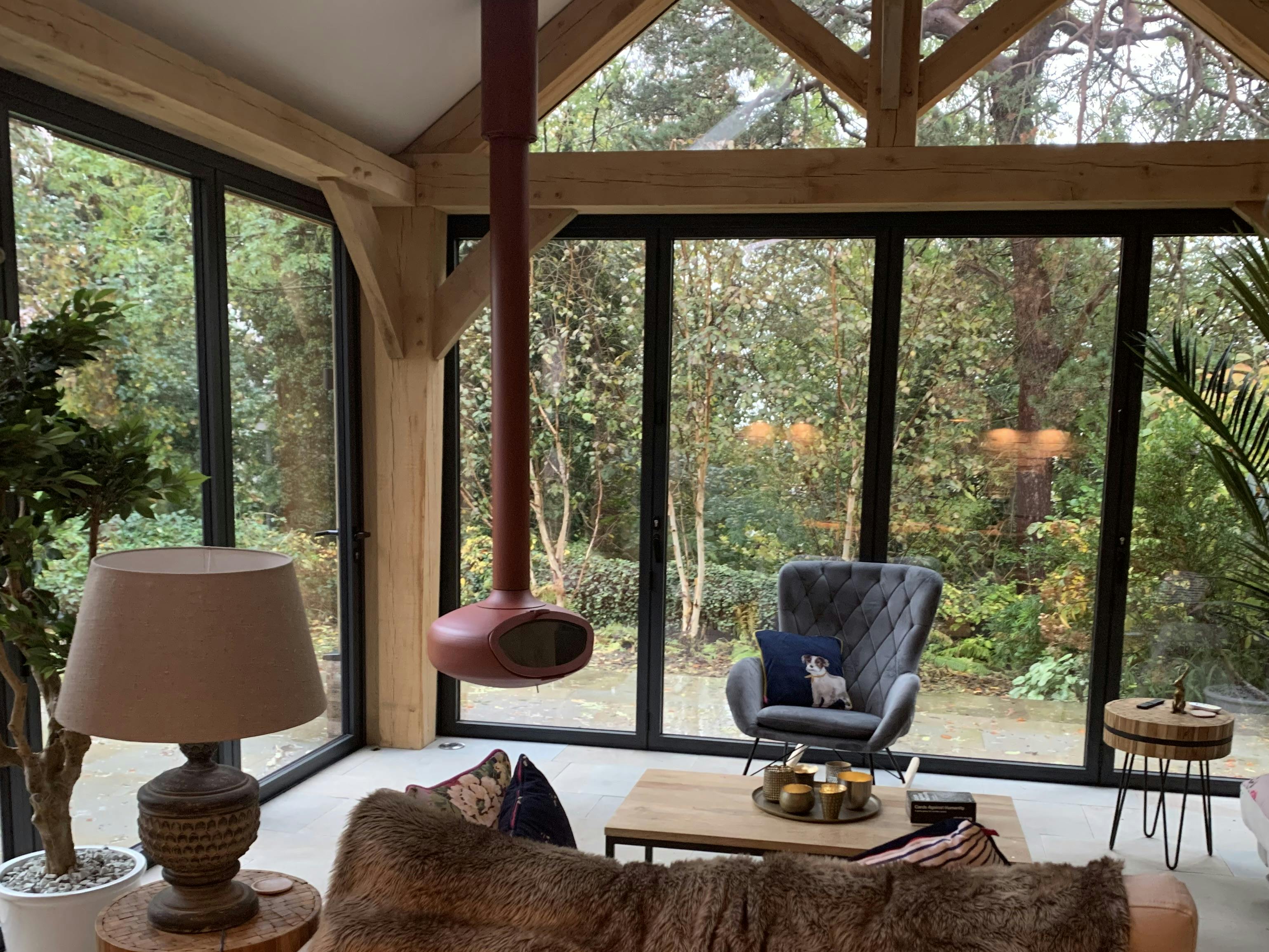 Interior view of an open-plan oak-framed garden room