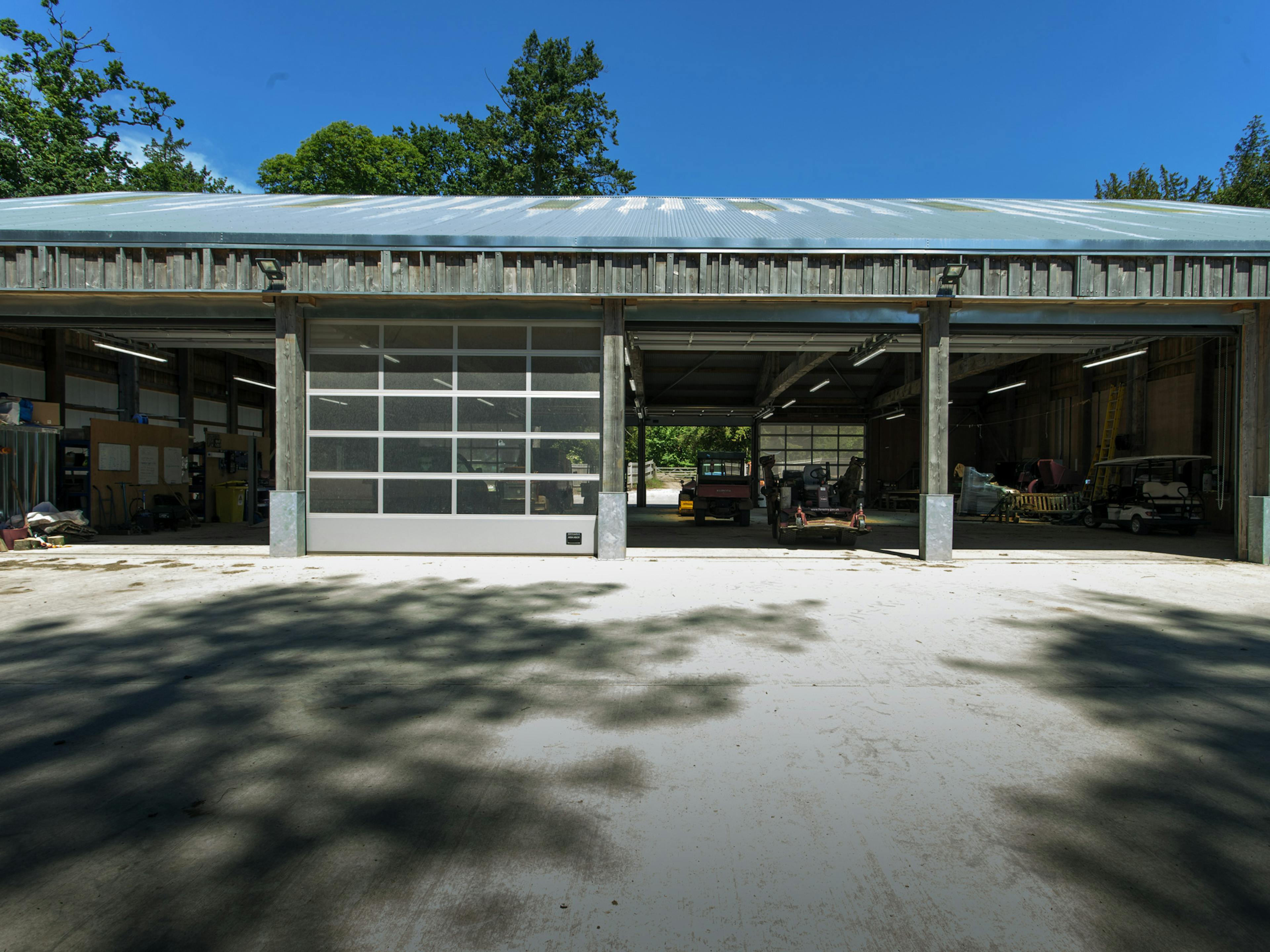 Entrance to a Douglas fir-framed tractor shed