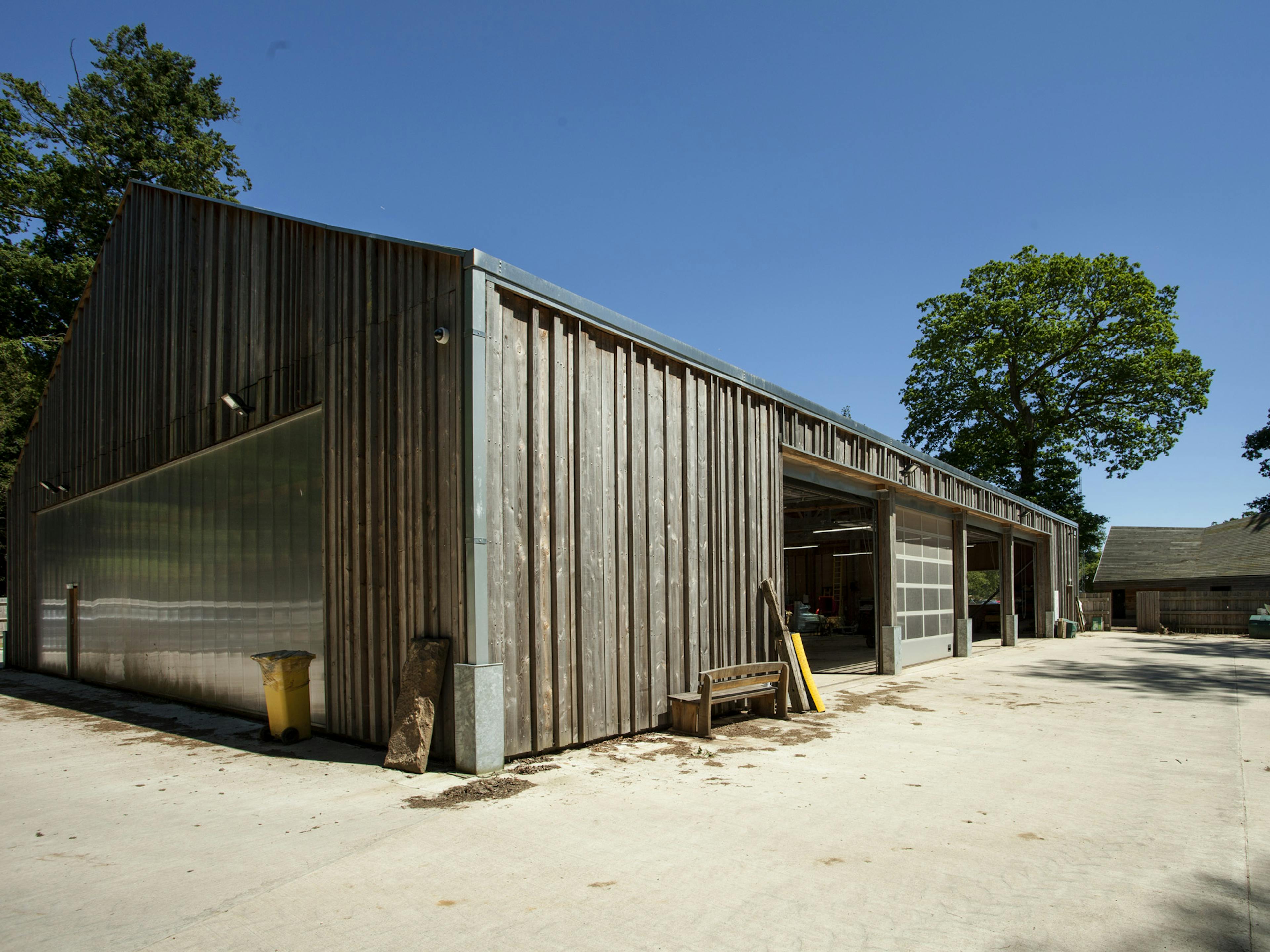 Exterior view of a Douglas fir-framed tractor shed