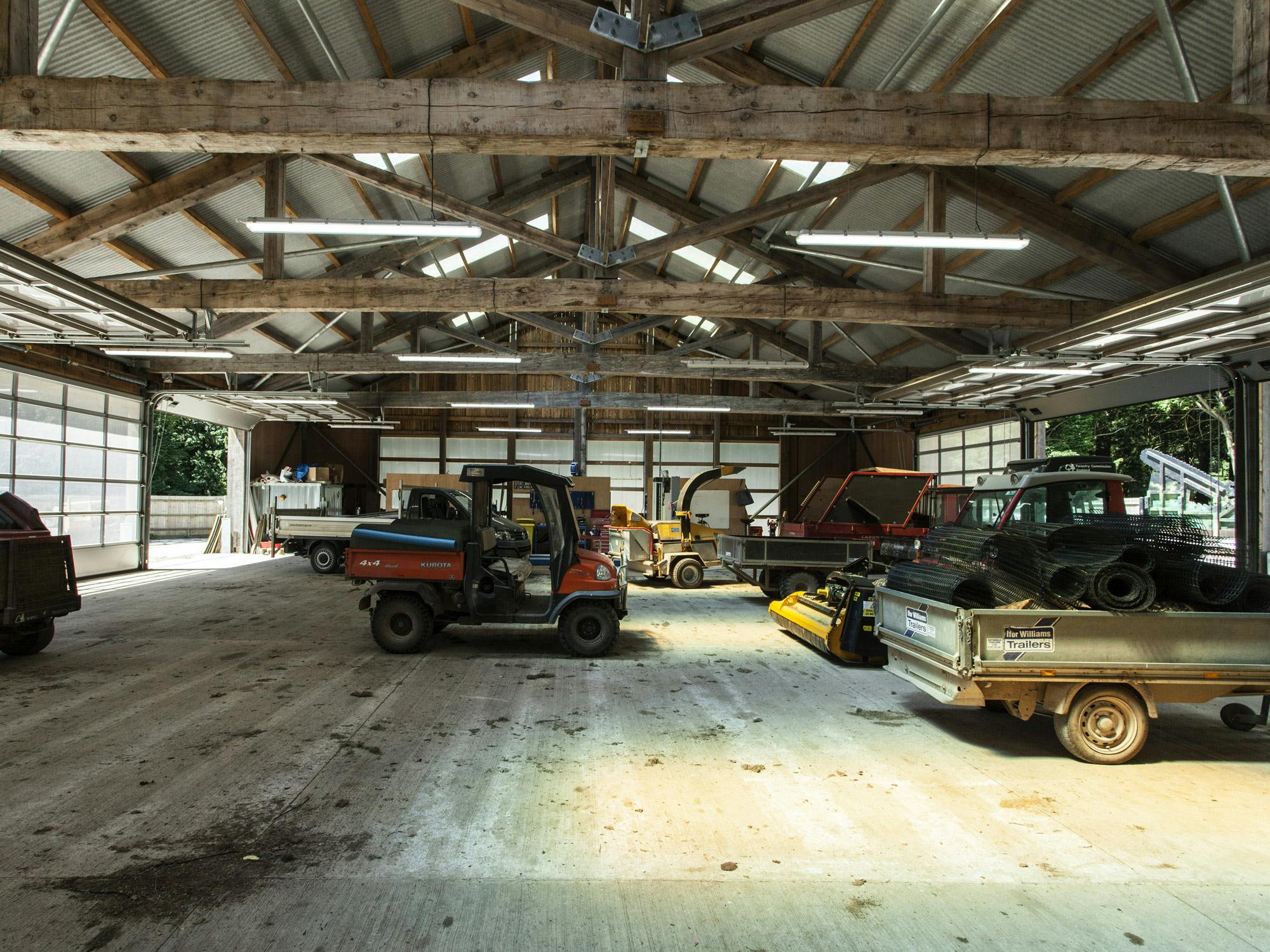Interior view of a Douglas fir-framed tractor shed