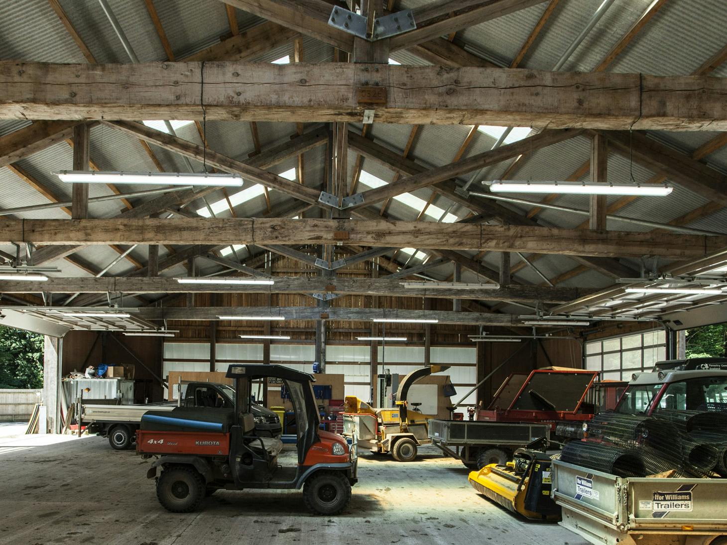 Interior view of a Douglas fir-framed tractor shed