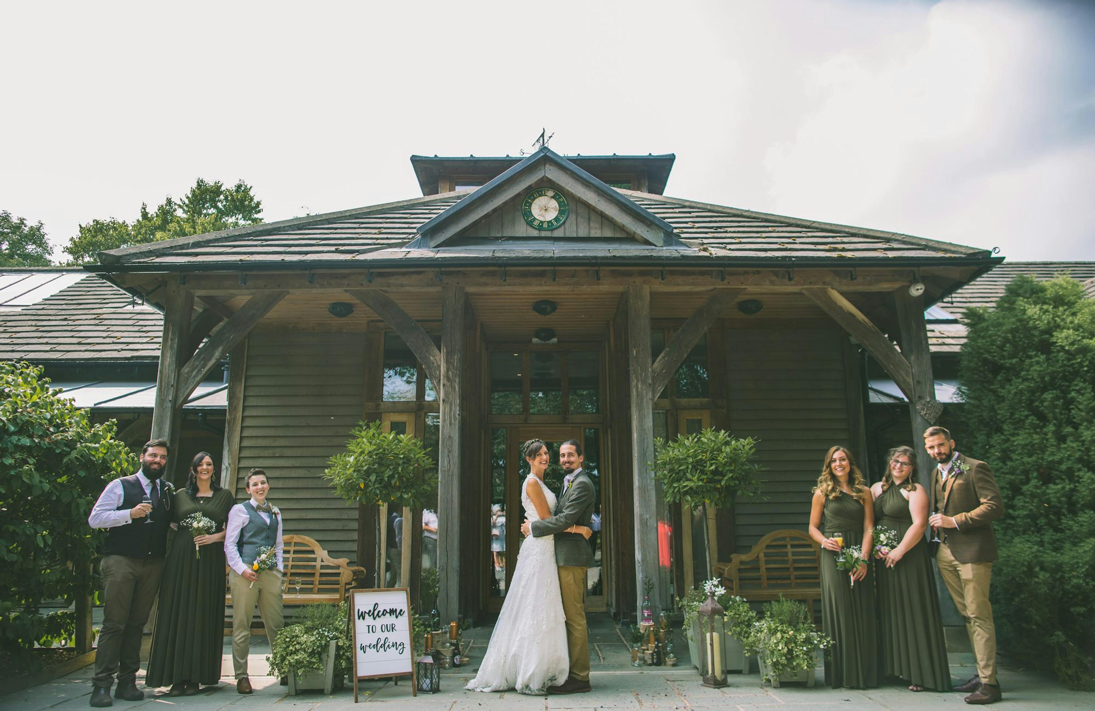 Wedding celebration at a rustic oak-framed wedding barn