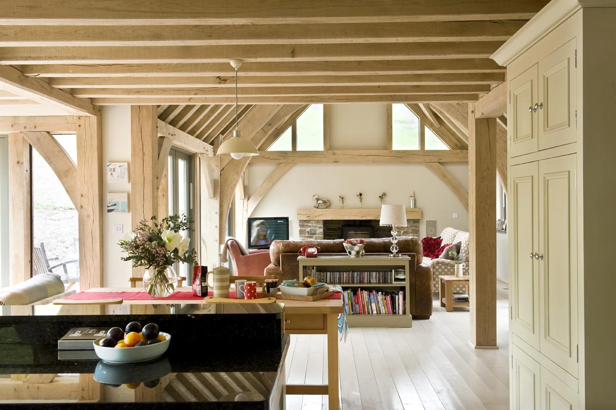 Interior view of an open-plan living space with vaulted ceilings above the lounge area