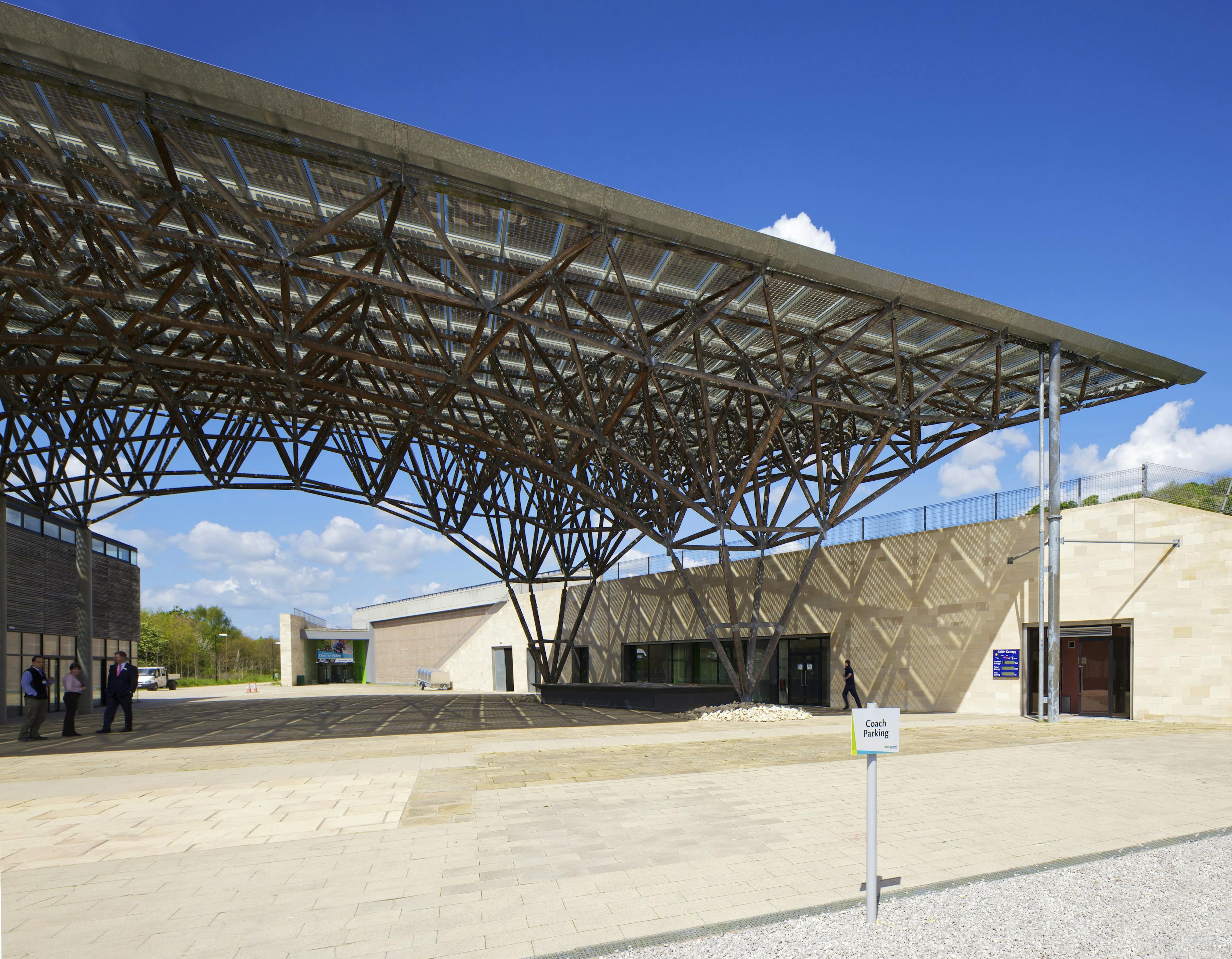 Solar canopy structure made of Larch at the Earth Centre in Doncaster