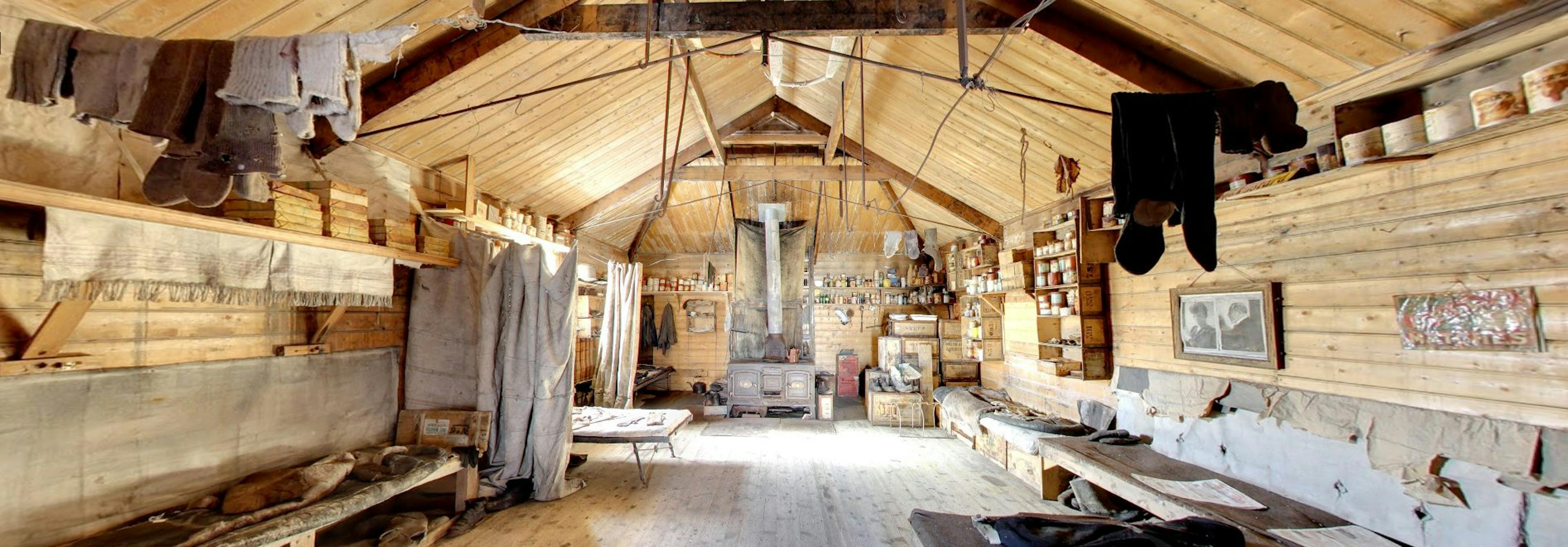 Interior of a timber-framed conservation hut in Antarctica