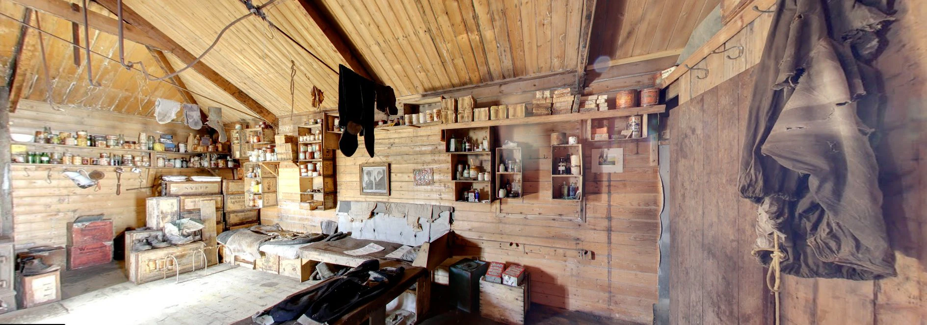Kitchen inside a timber-framed conservation hut in Antarctica