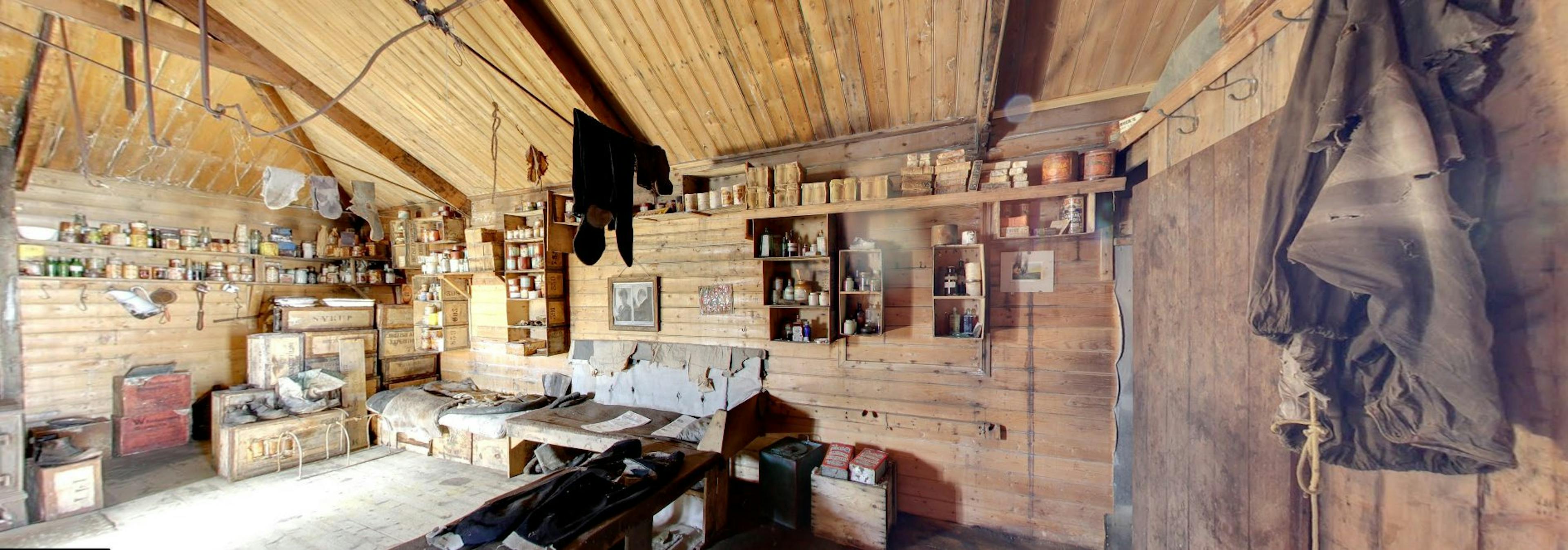 Kitchen inside a timber-framed conservation hut in Antarctica