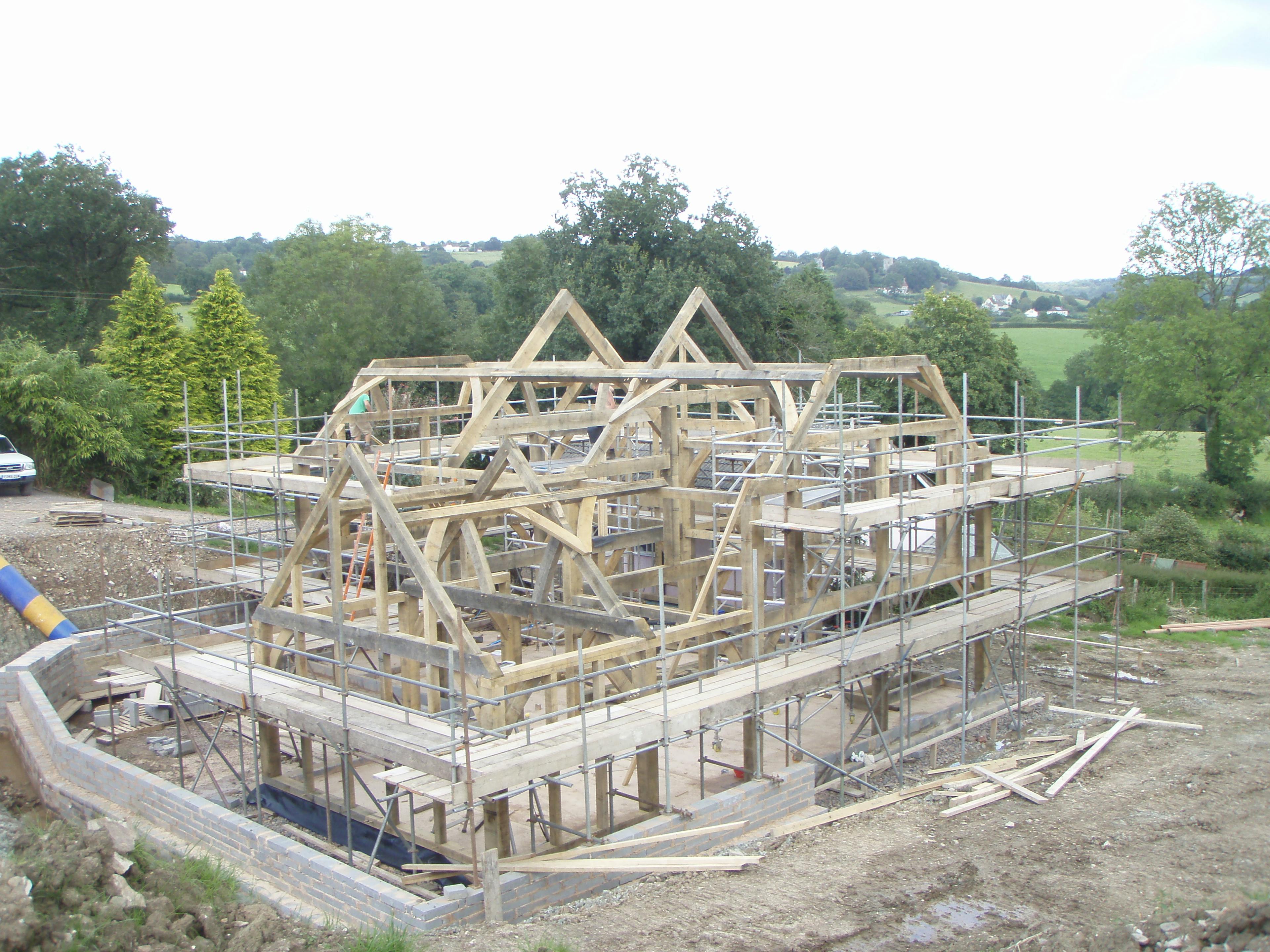 Site installation of a two-storey oak-framed family home on a ten-acre smallholding