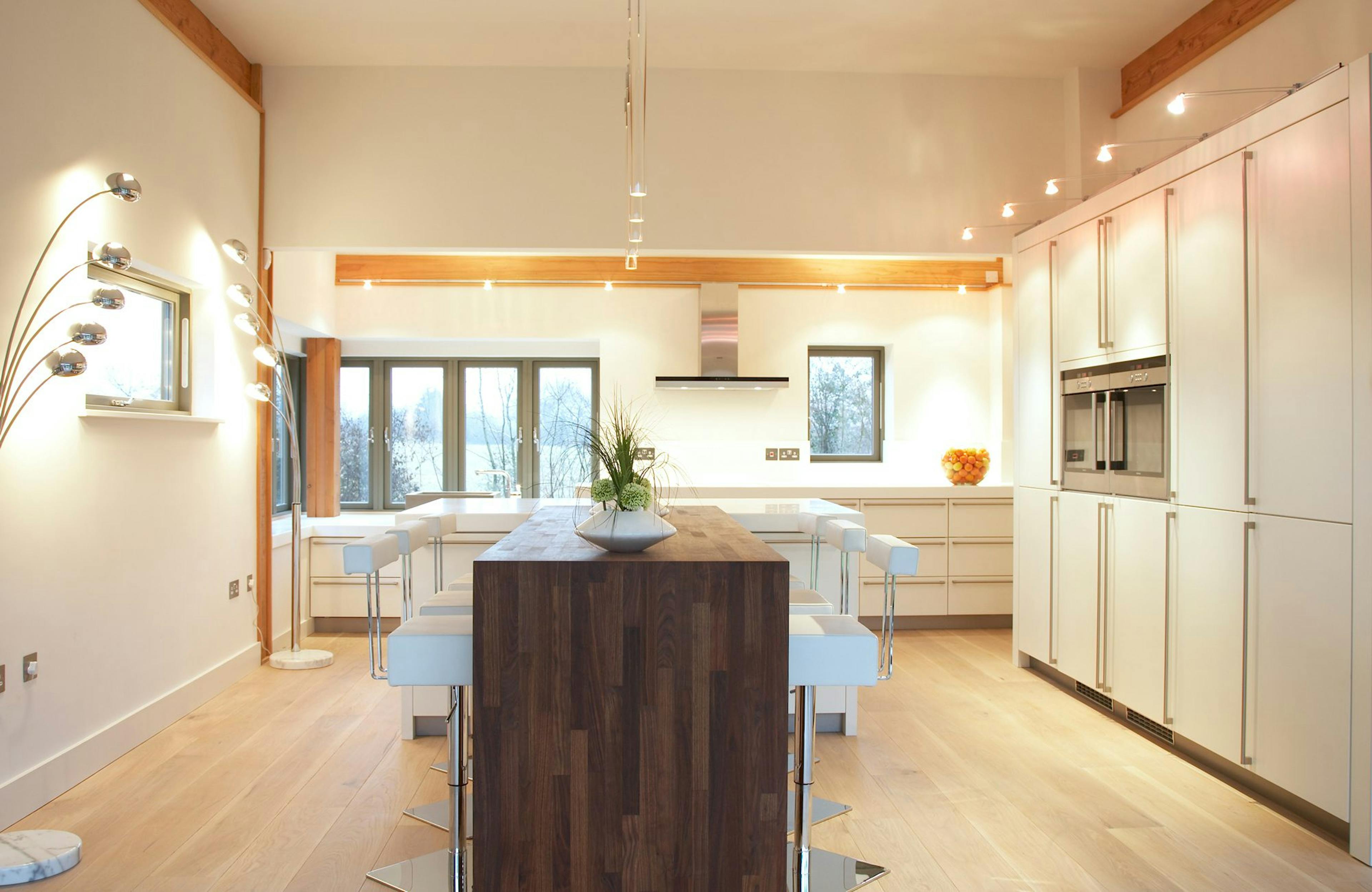 Open-Plan Kitchen and Dining Room in a Douglas Fir-Framed Family Home