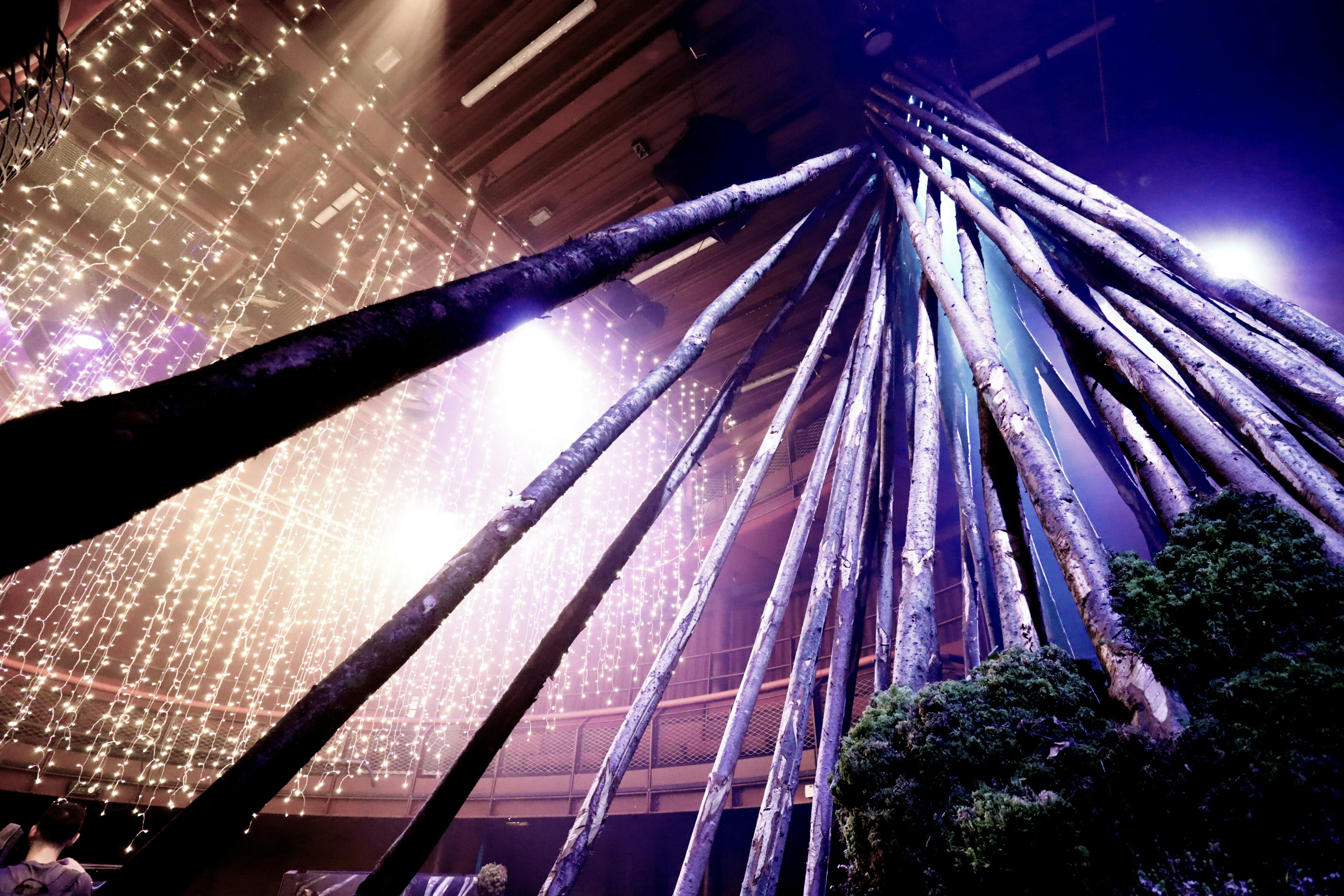 A wooden structure for the forest of imagination festival 2022 with twinkling fairy lights