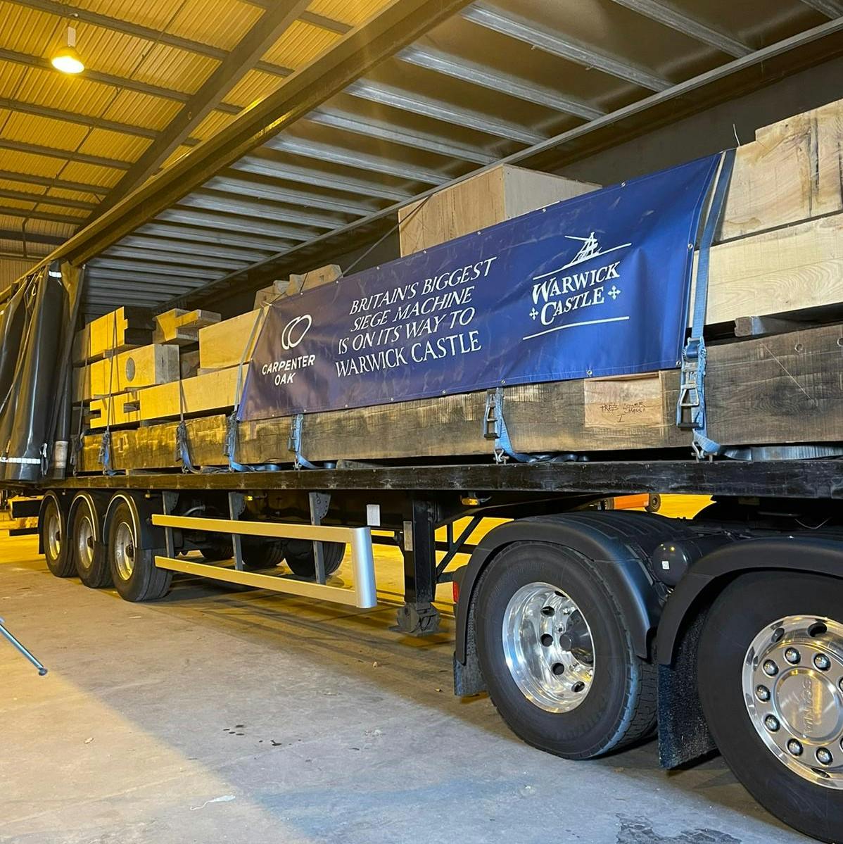 Large pieces of timber for a full scale trebuchet on a lorry