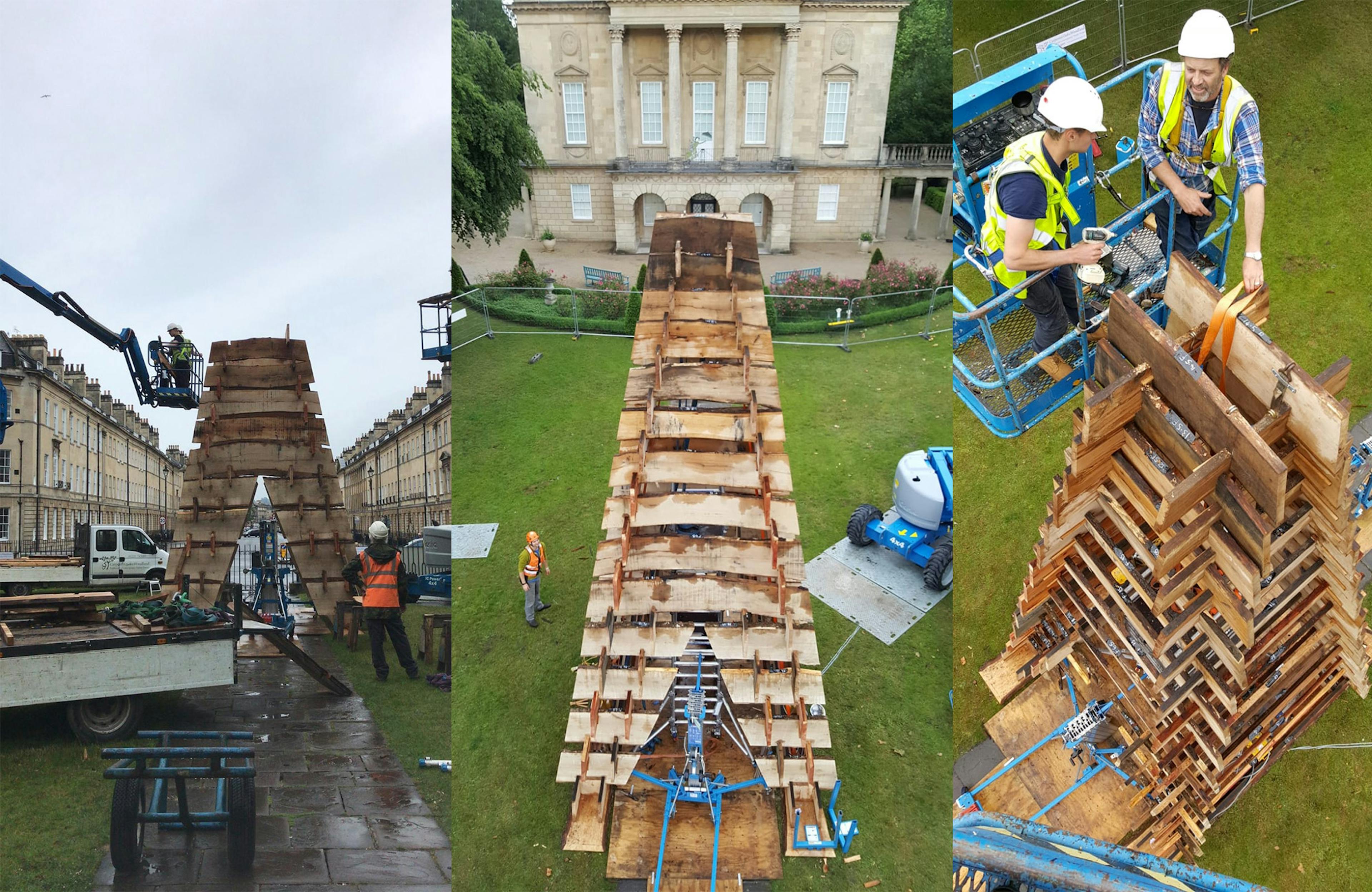 Carpenters install a wooden structure in front of the Holburne Museum for the forest of imagination festival in Bath in 2019