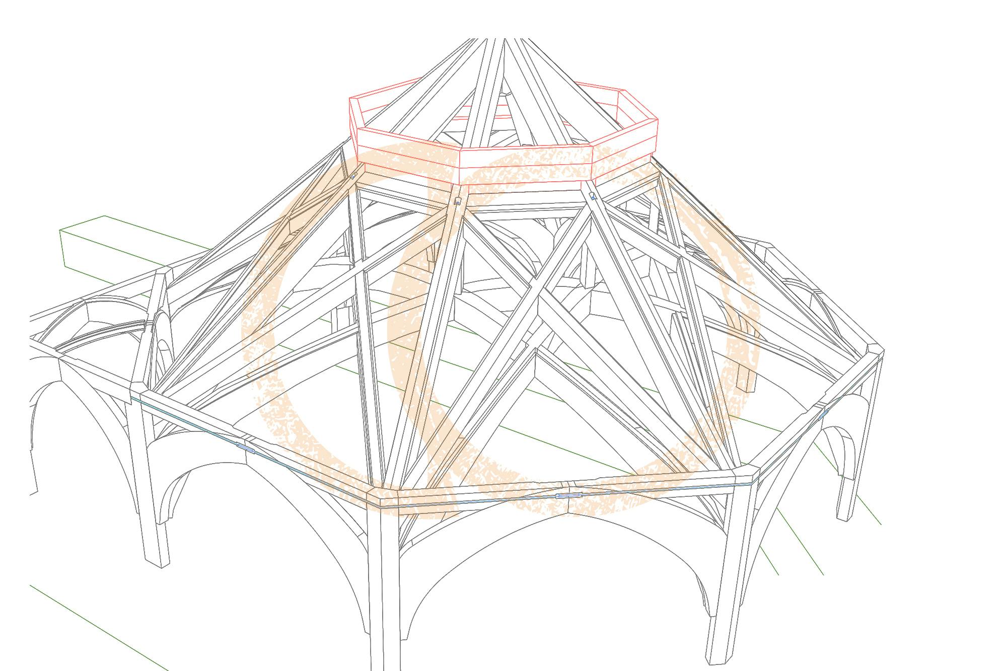 A computer frame drawing of the octagonal roof structure at Radley College chapel extension